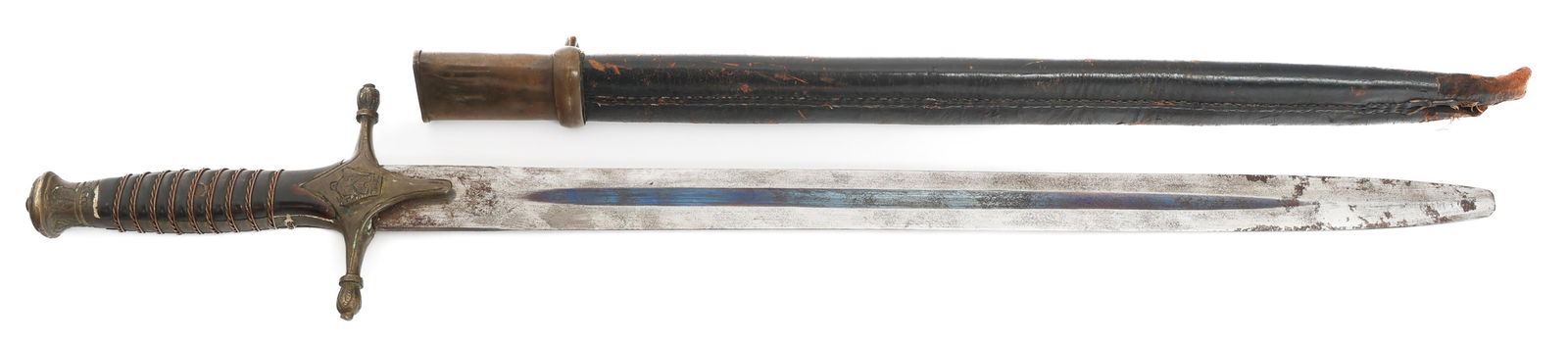 PAHLAVI ERA IRANIAN SHORT SWORD WITH SCABBARD: PAHLAVI ERA IRANIAN SHORT SWORD WITH SCABBARD Early 20th Century Iranian Short Sword. Double edged, bright blade with fuller. No visible marks. Pahlavi Crown embossed on the brass guard. Horn grips wi