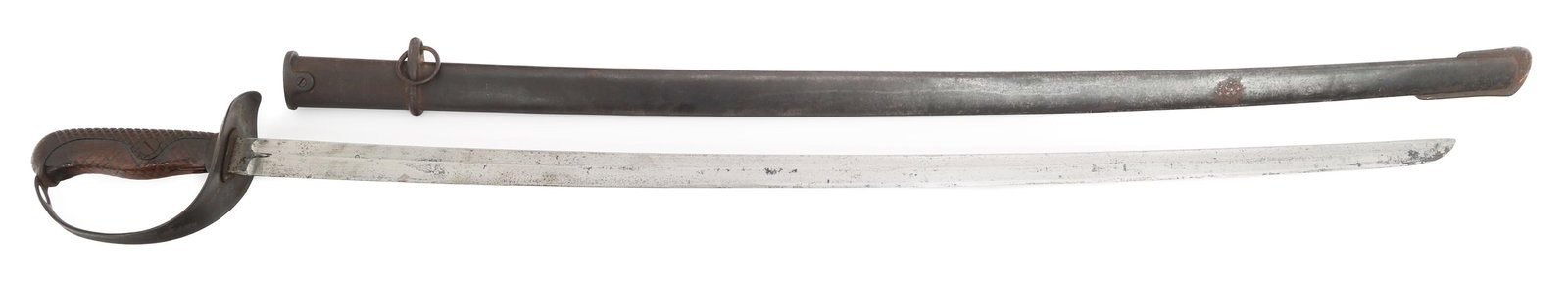 IMPERIAL JAPANESE TYPE 32 CAVALRY TROOPER SWORD: IMPERIAL JAPANESE TYPE 32 CAVALRY TROOPER SWORD Imperial Japanese Type 32 Cavalry Trooper Sword. Single edged, bright blade with fuller. Serial number 43553 stamped on the ricasso. Leather buffer pad.