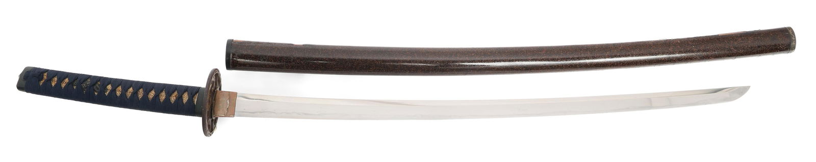 JAPANESE KATANA WITH SIGNED TANG & SAYA: JAPANESE KATANA WITH SIGNED TANG & SAYA Japanese Katana. Single edged, bright blade with Notare style Hamon. Brass Habaki and Seppas. Iron Tsuba. Blackened brass Fuchi. Menuki ornaments laid between t
