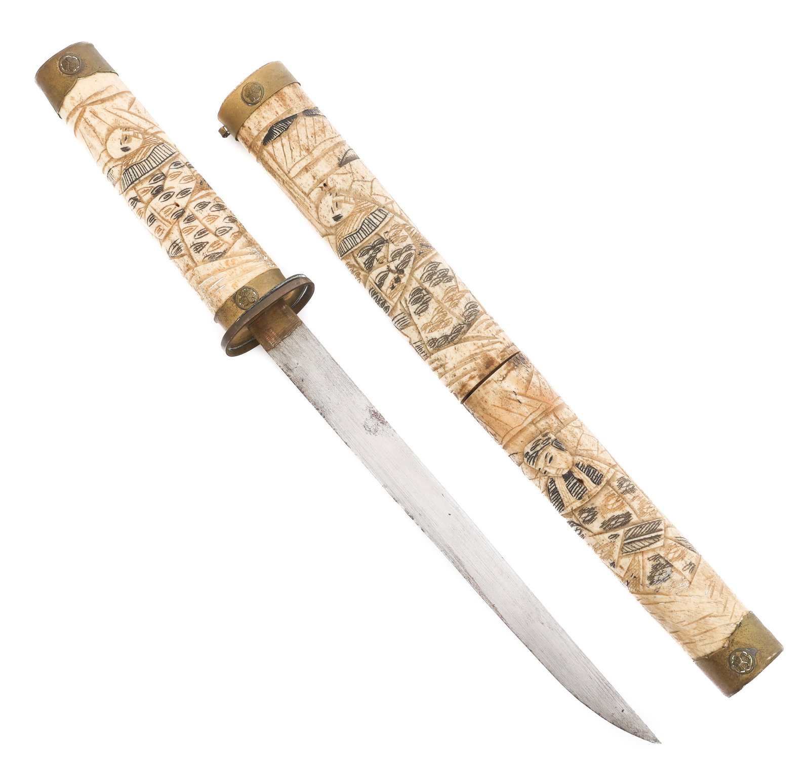 EARLY 20th C. JAPANESE MEIJI ERA BONE HANDLE TANTO: EARLY 20th C. JAPANESE MEIJI ERA BONE HANDLE TANTO Japanese Meiji Era Bone Handle Tanto. Single edged blade. Brass Habaki, Tsuba, Seppa, Fuchi and Kashira. Carved bone handle and scabbard. Blade Lengt