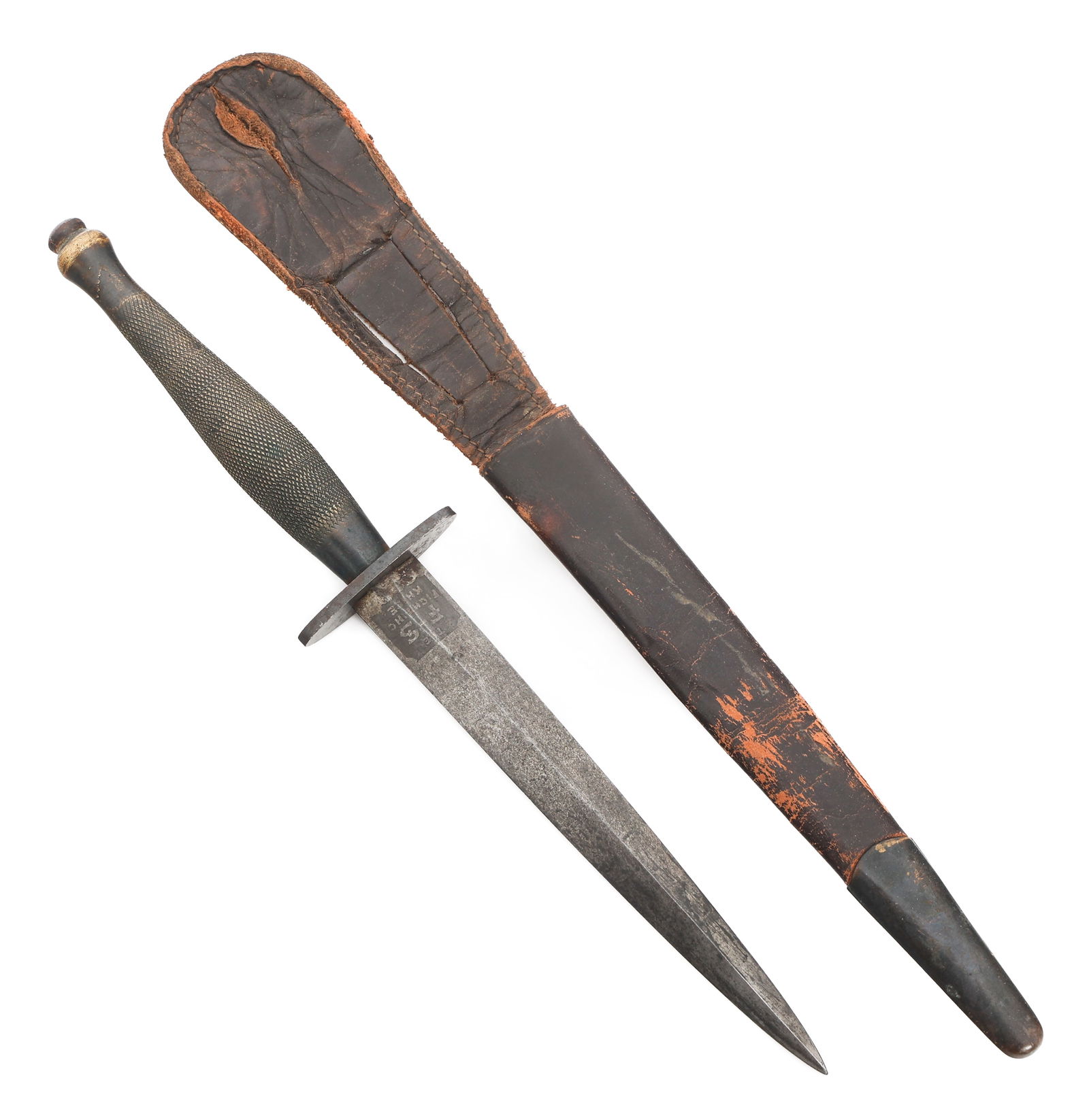 SECOND PATTERN FAIRBAIRN SYKES KNIFE by WILKINSON: SECOND PATTERN FAIRBAIRN SYKES KNIFE by WILKINSON WWII Second Pattern Fairbairn Sykes Fighting Knife. Double edged stiletto blade. Maker mark of Wilkinson Sword Co. etched on the ricasso. Blued steel