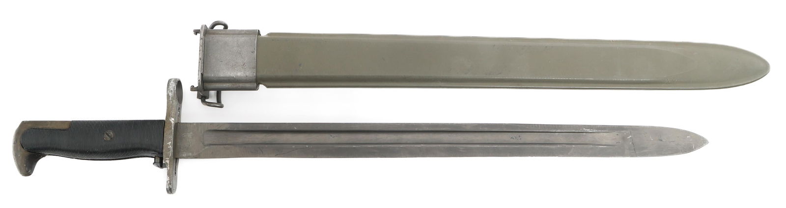 WWII US ARMY M1942 BAYONET by UTICA CUTLERY: WWII US ARMY M1942 BAYONET by UTICA CUTLERY WWII US Army M1942 Bayonet. Single edged, parkerized blade with fuller. Maker marked by Utica Cutlery and dated 1942 on the ricasso. Steel hilt with composi