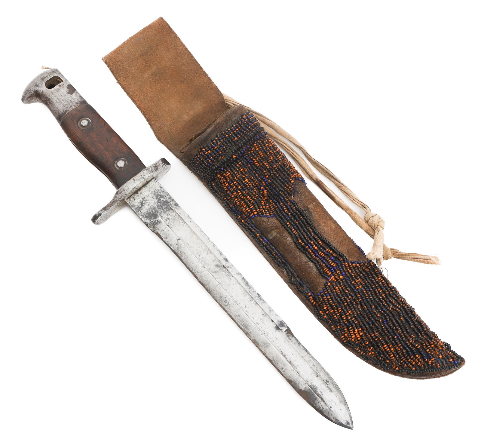 WWII US NAVAJO MODIFIED KRAG BAYONET COMBAT KNIFE: WWII US NAVAJO MODIFIED KRAG BAYONET COMBAT KNIFE WWII US Navajo Modified Krag Bayonet Combat Knife. Single edged, cut down, bright blade with fuller. Dated 1897 on the ricasso, US on the reverse. Ste