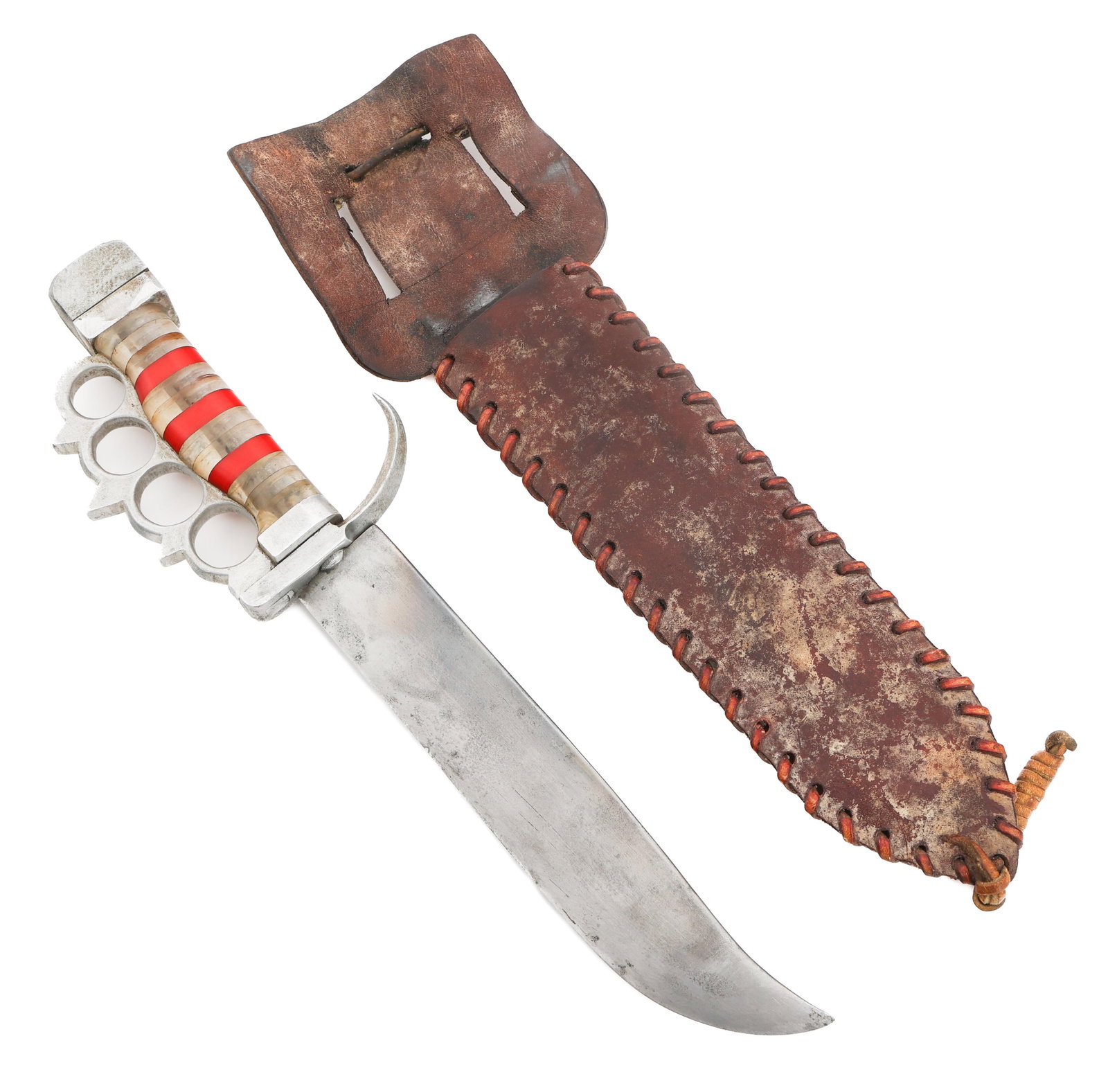 WWII THEATER MADE KNUCKLE DUSTER BOWIE KNIFE: WWII THEATER MADE KNUCKLE DUSTER BOWIE KNIFE WWII Theater Made Knuckle Duster Bowie Knife. Single edged, bright blade. No visible marks. Alloy based hilt with knuckle duster guard. Stacked clear and r