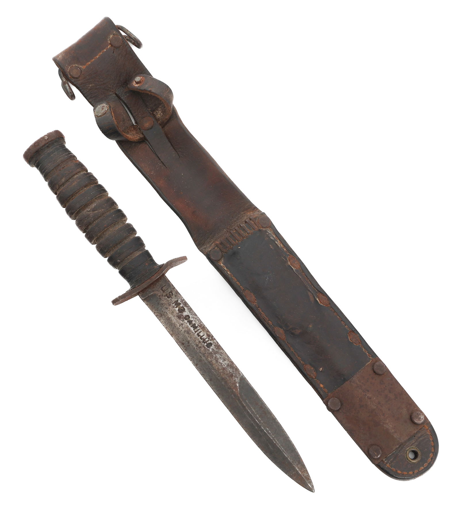 WWII US ARMY M3 FIGHTING KNIFE by CAMILLUS: WWII US ARMY M3 FIGHTING KNIFE by CAMILLUS WWII US Army M3 Fighting Knife. Single edged blade. Marked US M3 Camillus near the spine. Steel hilt with stacked leather grip. M6 Leather Sheath with steel