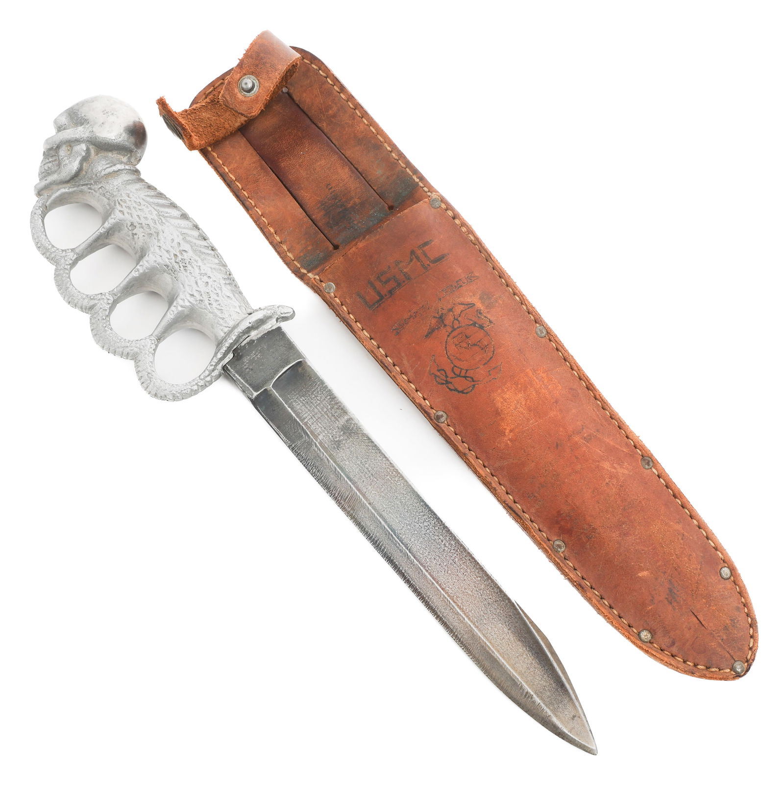 WWII USMC "PIG NOSE" KNUCKLE KNIFE by EUGENE STONE: WWII USMC "PIG NOSE" KNUCKLE KNIFE by EUGENE STONE WWII USMC Theater Made "Pig Nose " Knuckle Knife. Single edge, cut down M1840 cavalry sword blade. Maker marked by P.S. Justice Philadelphia on the r