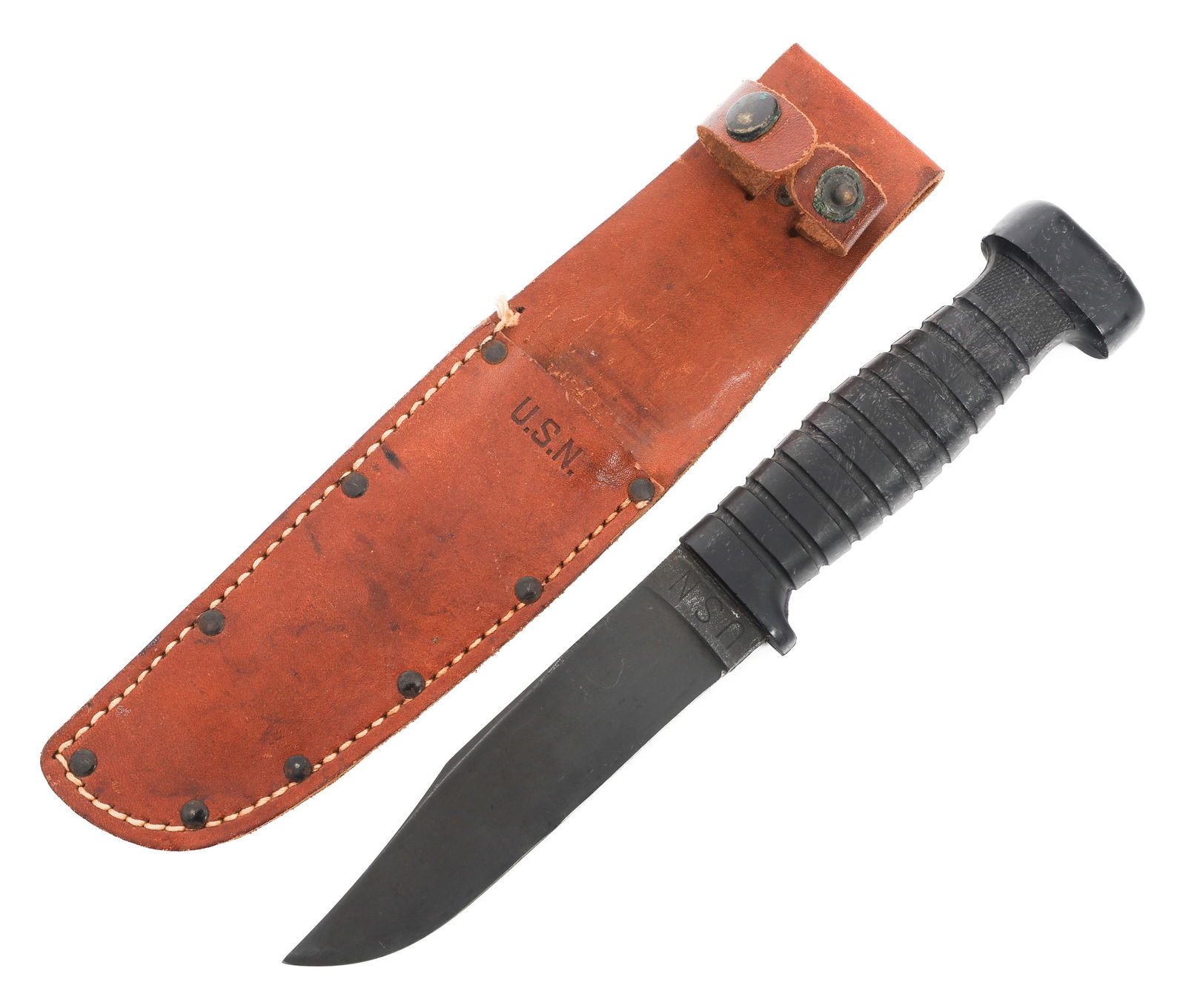 WWII US NAVY MARK I UTILITY KNIFE by IMPERIAL: WWII US NAVY MARK I UTILITY KNIFE by IMPERIAL WWII US Navy Mark I Utility Knife. Single edged, parkerized blade. Stamped U.S.N. on one side of the ricasso and marked by Mark I Imperial on the reverse.