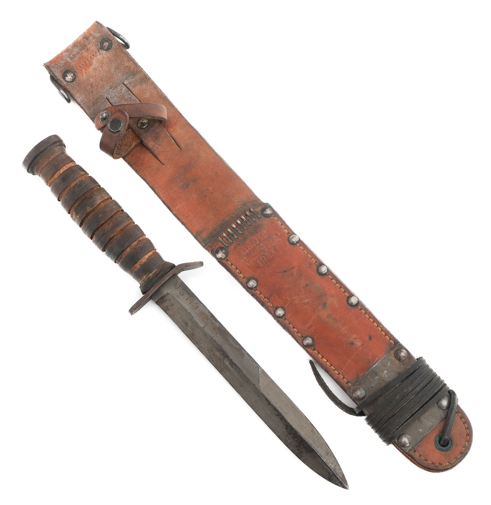 WWII US M3 FIGHTING KNIFE by IMPERIAL & M6 SHEATH: WWII US M3 FIGHTING KNIFE by IMPERIAL & M6 SHEATH WWII US M3 Fighting Knife with M6 Sheath. Single edged blade maker marked by Imperial near the spine. Steel hilt with stacked leather grip. M6 Leather