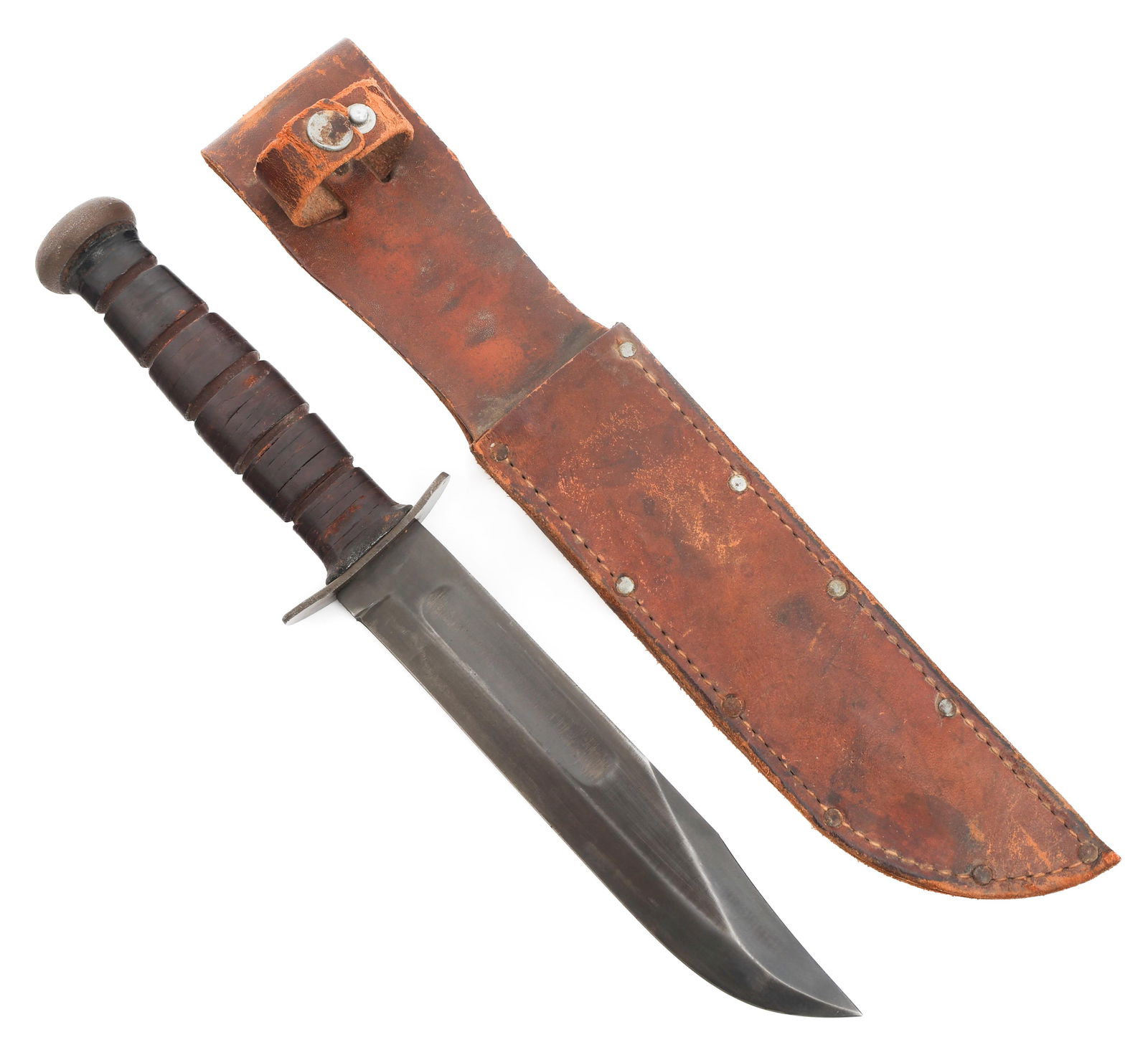 WWII US MKII FIGHTING KNIFE by KA-BAR: WWII US MKII FIGHTING KNIFE by KA-BAR WWII US MkII Fighting Knife. Single edged, blued blade with fuller. Blued steel hilt with stacked leather handle. Maker marked by KA-BAR on the ricasso. Leather s
