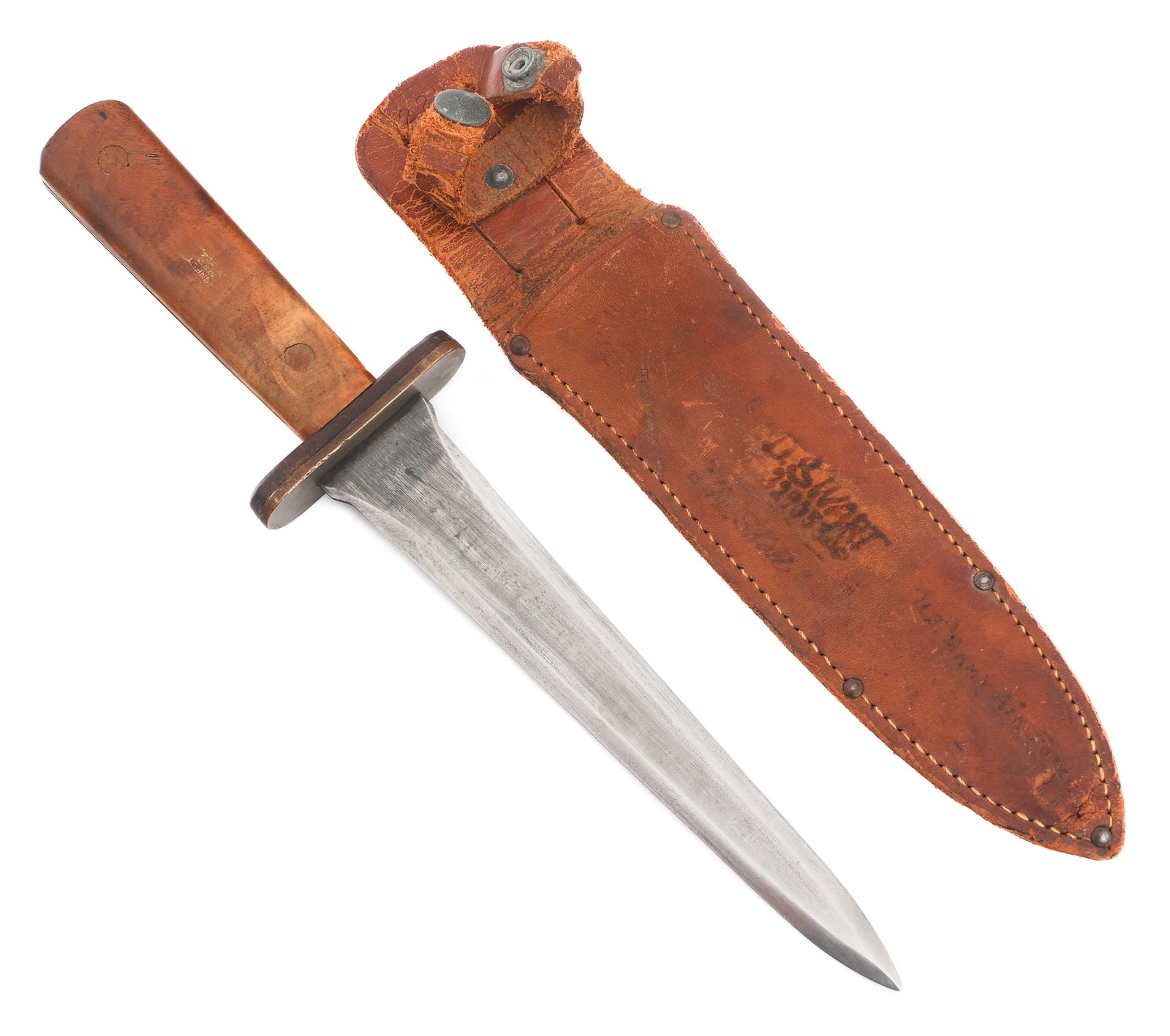 WWII US FIGHTING KNIFE by KENNEDY BROS WITH SHEATH: WWII US FIGHTING KNIFE by KENNEDY BROS WITH SHEATH WWII US Fighting Knife. Double edged, bright blade. Brass and wood guard marked by Kennedy Brothers Arms. Full tang with wood grips. Leather sheath b