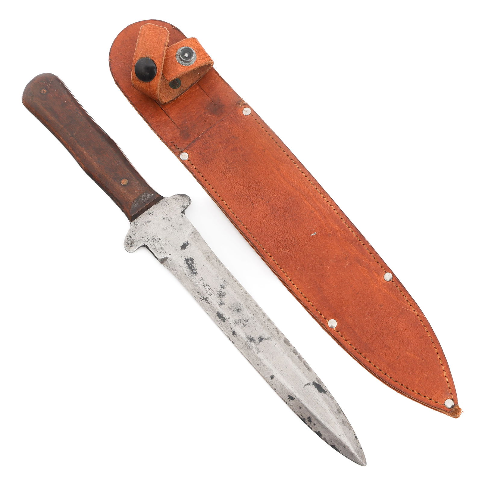 WWII US KEPHART STILETTO FIGHTING KNIFE: WWII US KEPHART STILETTO FIGHTING KNIFE WWII US Kephart Stiletto Fighting Knife. Spear point, double edged blade. Full tang construction with wood grips maker marked by Kephart. Leather sheath. Blade