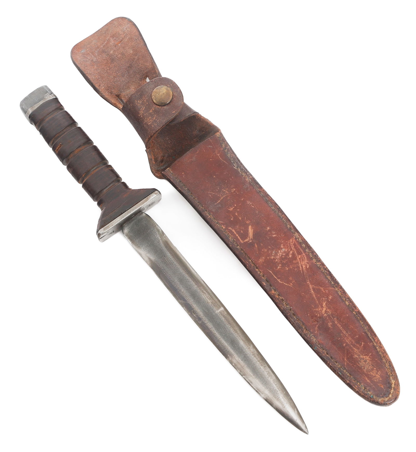 WWII US LEO BAKER COMBAT KNIFE WITH SHEATH: WWII US LEO BAKER COMBAT KNIFE WITH SHEATH WWII US Leo Baker Combat Knife. Double edged blade made from file. No visible marks. Steel crossguard, stacked leather grip and aluminum pommel. Marked W F u