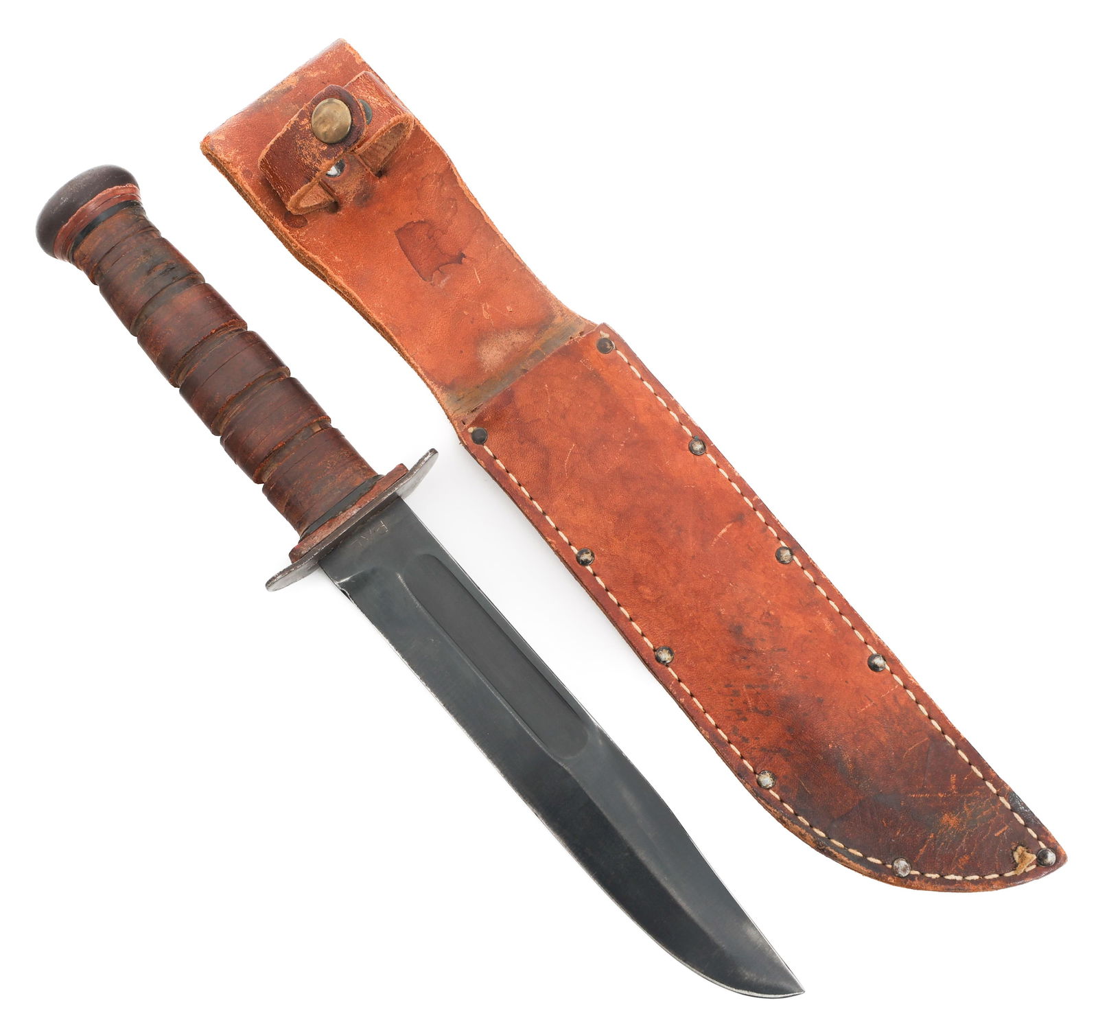 WWII USMC RED SPACER MkII FIGHTING KNIFE by PAL: WWII USMC RED SPACER MkII FIGHTING KNIFE by PAL WWII US Marine Corps Red Spacer MkII Fighting Knife. Single edged, blued, clip-point blade with fuller. Maker marked by Pal on one side of the ricasso a