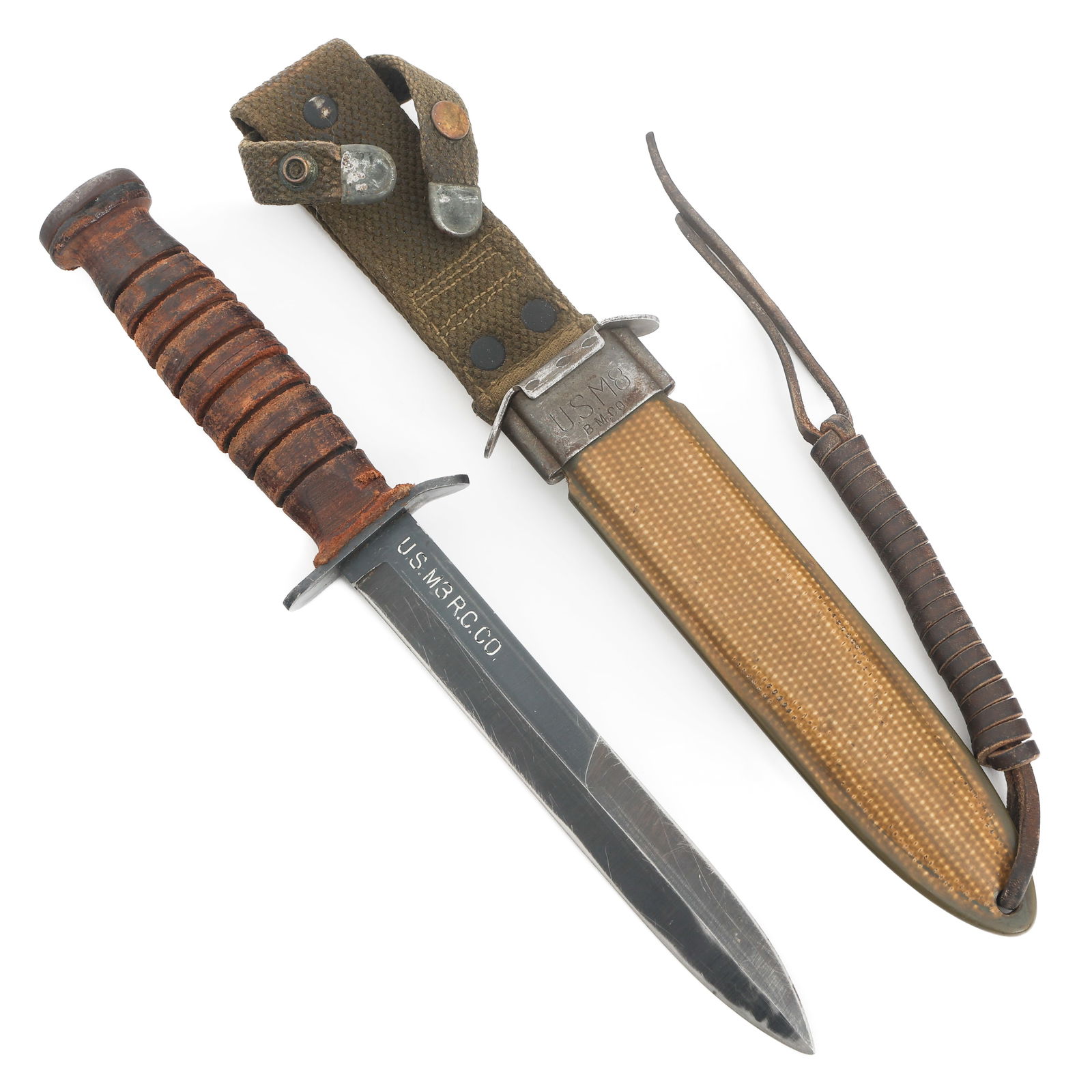 WWII US ARMY M3 FIGHTING KNIFE by ROBESON: WWII US ARMY M3 FIGHTING KNIFE by ROBESON WWII US Army M3 Fighting Knife. Single edged, blued blade marked US M3 Robeson near the spine with proof marked on the guard. Steel hilt with stacked leather