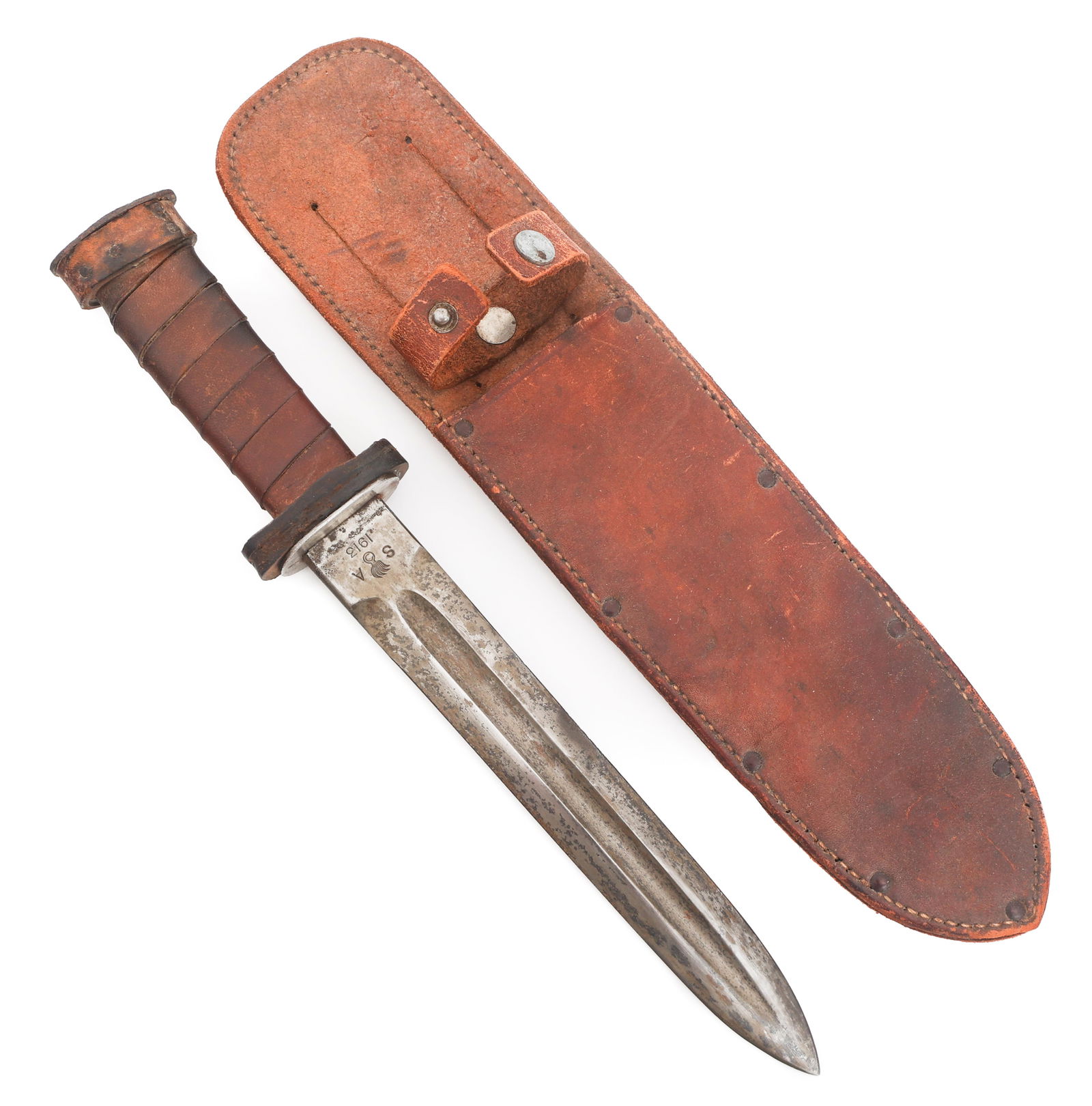 WWII CUT DOWN PATTON SWORD FIGHTING KNIFE: WWII CUT DOWN PATTON SWORD FIGHTING KNIFE WWII Cut Down Patton Sword Fighting Knife by San Antonio Iron Works. Double edged blade with centered fuller. Original maker mark of Springfield 1913 and flam