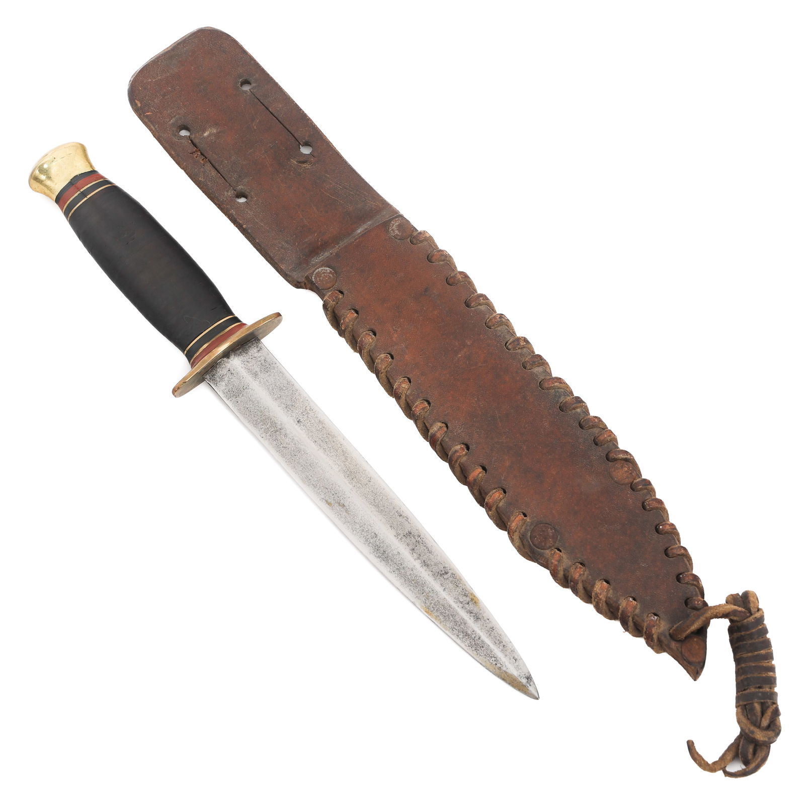 WWII SHEFFIELD MADE US FIGHTING KNIFE WITH SHEATH: WWII SHEFFIELD MADE US FIGHTING KNIFE WITH SHEATH WWII Sheffield made US Fighting Knife with Sheath. Double edged, bright blade. Maker marked by Southern & Richardson. Brass hilt with stacked leather