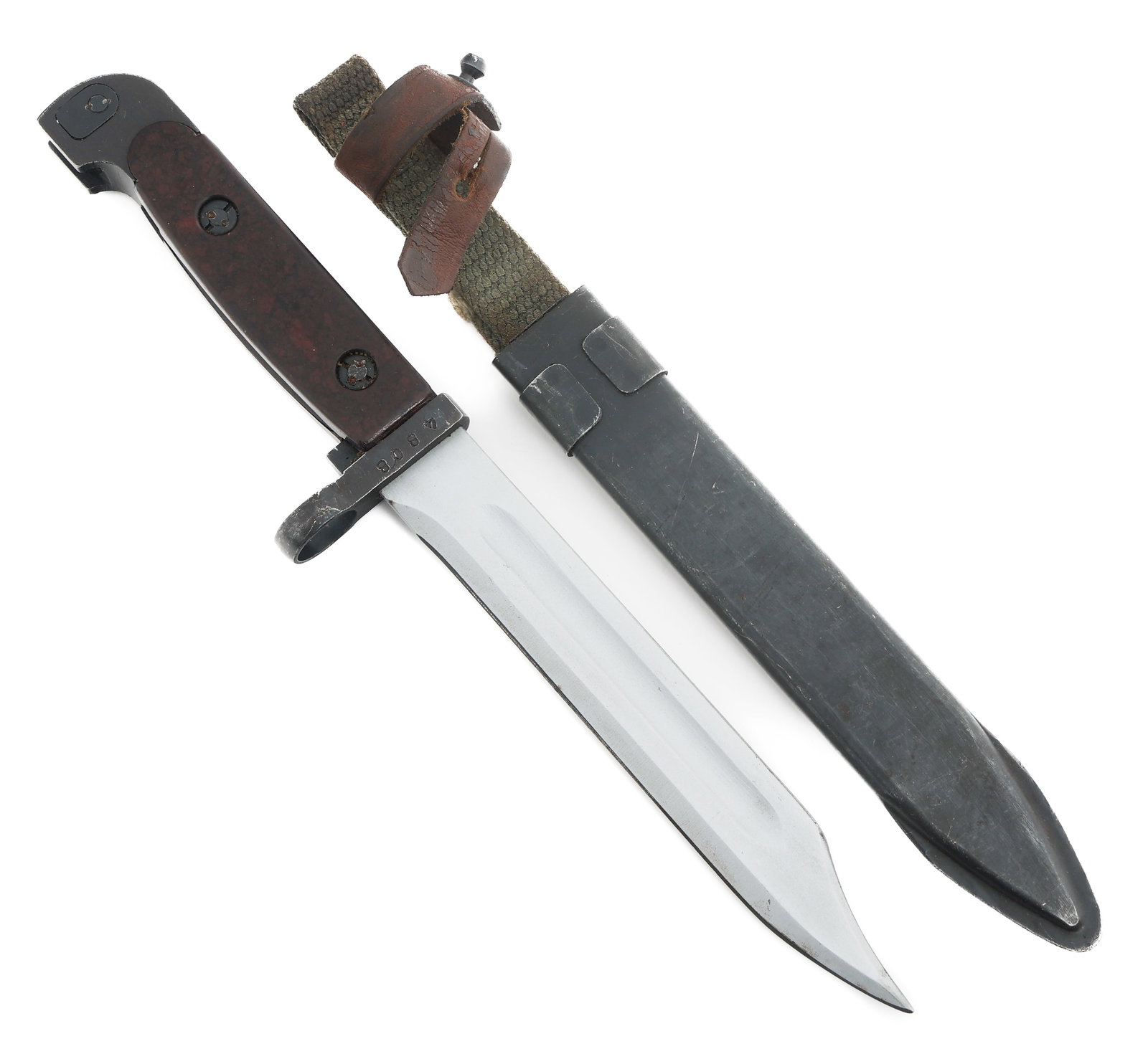 KOREAN WAR TYPE 68 BAYONET WITH SCABBARD: KOREAN WAR TYPE 68 BAYONET WITH SCABBARD Korean War Type 68 Bayonet. Single edged blade with fuller. Serial numbered 4808 on the guard. Steel hilt with composite grips. Steel scabbard with canvas frog