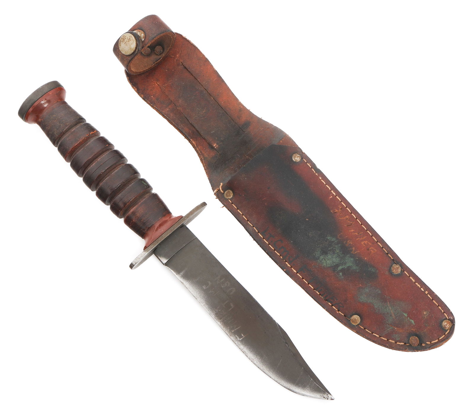 KOREAN WAR USN PILOT SURVIVAL KNIFE by SCHRADE: KOREAN WAR USN PILOT SURVIVAL KNIFE by SCHRADE Korean War US Navy Pilot Survival Knife. Single edged, parkerized blade. "F Miller Lt MC USN" etched on the blade. Maker marked by Schrade-Walden on the