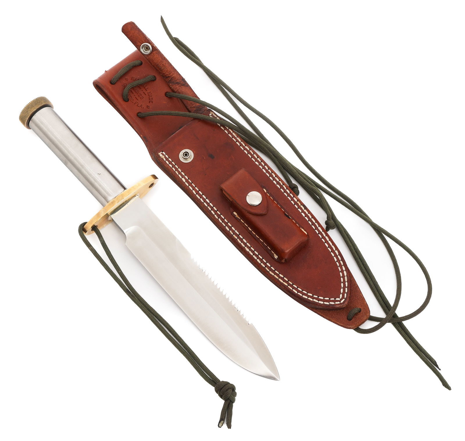 RANDALL MODEL 18 ATTACK SURVIVAL KNIFE WITH SHEATH: RANDALL MODEL 18 ATTACK SURVIVAL KNIFE WITH SHEATH Randall Model 18 Attack Survival Knife. Single edged, stainless steel bright blade with serrated spine. Maker mark of Randall Made Orlando, Fla stamp