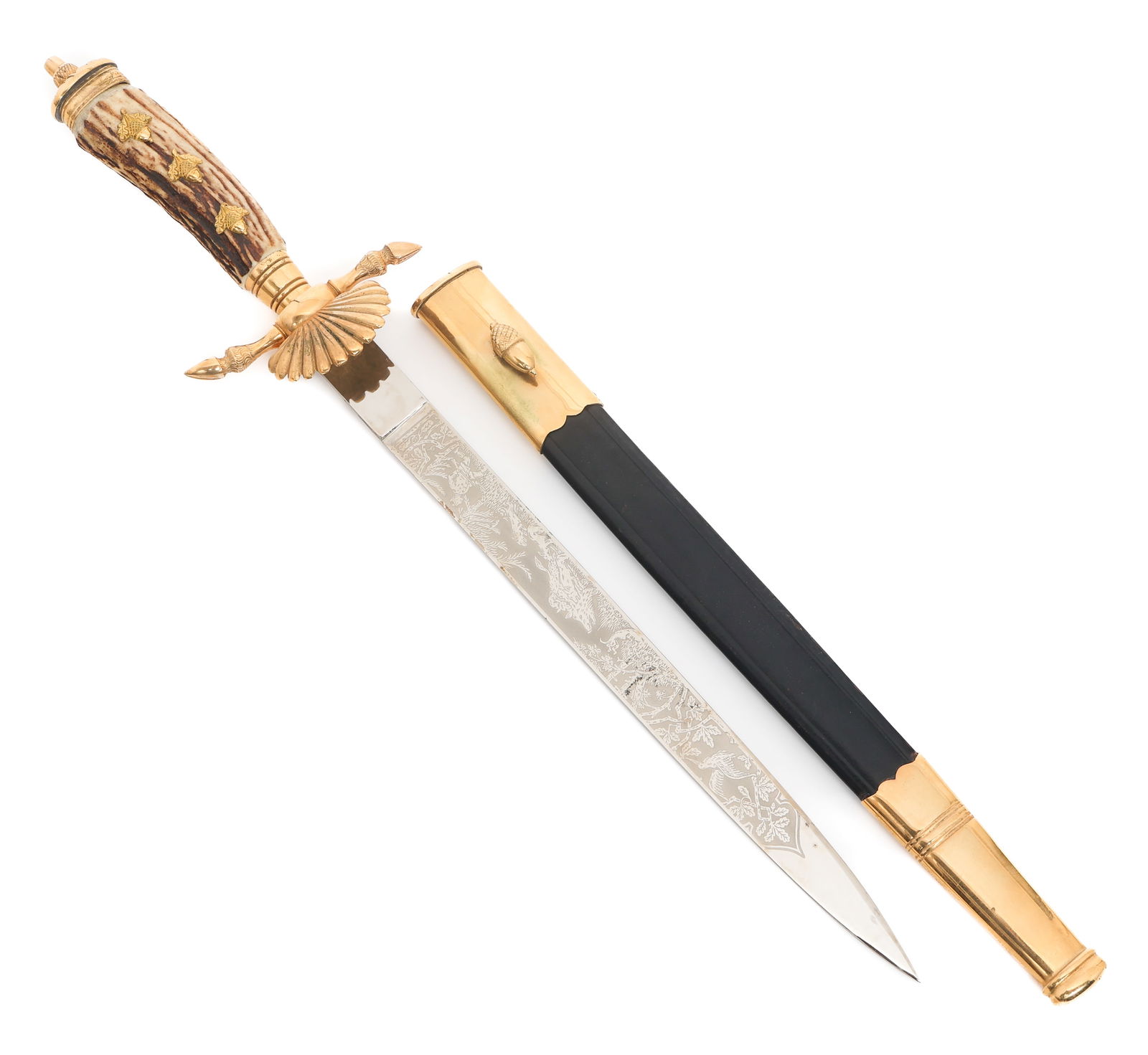 POST WAR GERMAN HUNTING ASSOC. DAGGER by HORSTER: POST WAR GERMAN HUNTING ASSOC. DAGGER by HORSTER Post War German National Hunting Association Dagger. Single edged, bright blade. Triple acid etched with floral patterns and hunting scenes. Maker mark