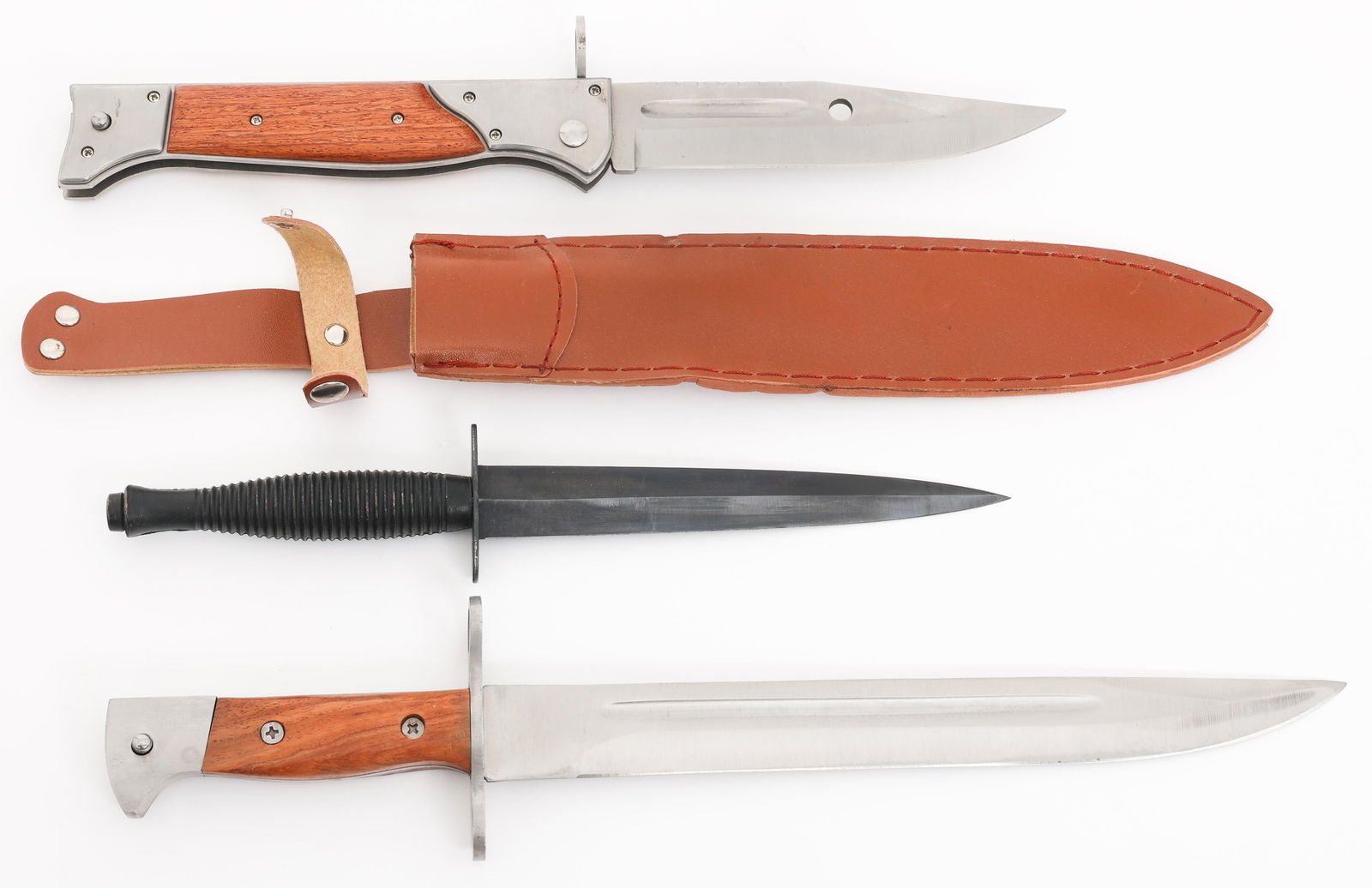 3rd PATTERN FAIRBAIRN KNIFE & AK 47 CCCP BAYONETS: 3rd PATTERN FAIRBAIRN KNIFE & AK 47 CCCP BAYONETS 3rd Pattern Fairbairn & AK 47 CCCP Bayonets. (1) Third Pattern Fairbairn Sykes Fighting Knife. Double edged blade. Stamped William Rodgers Sheffield E