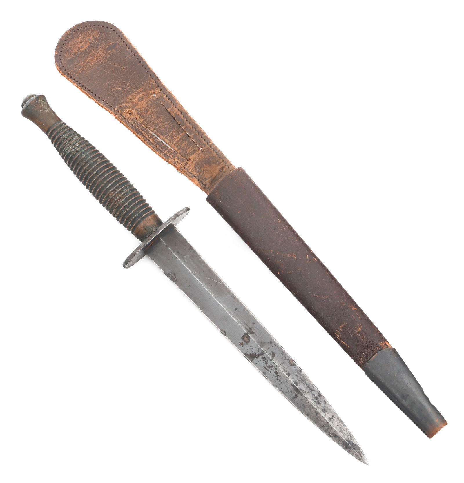 FAIBAIRN SYKES 3rd PATTERN KNIFE: FAIBAIRN SYKES 3rd PATTERN KNIFE Cold War Era Fairbairn Sykes 3rd Pattern Knife. Double edged, blued blade. England double stamped under the 2" oval steel guard. Grooved blackened brass handle stamped