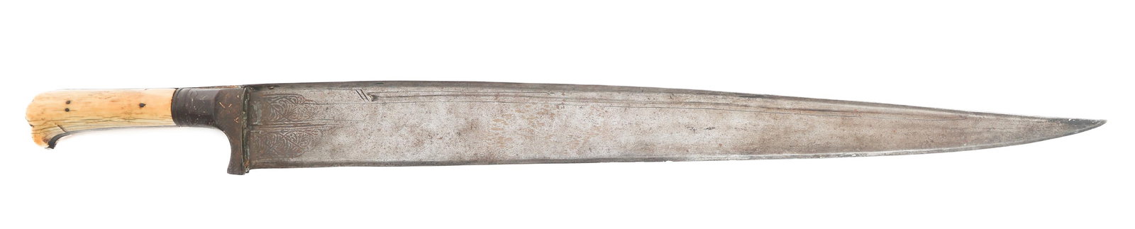 19th C. INDIAN PESH-KABZ 21" BLADE DAGGER: 19th C. INDIAN PESH-KABZ 21" BLADE DAGGER 19th Century Indian Pesh-Kabz Dagger. Single edged, straight blade with T back spine. Floral pattern dry etched near the ricasso. Full tang construction with