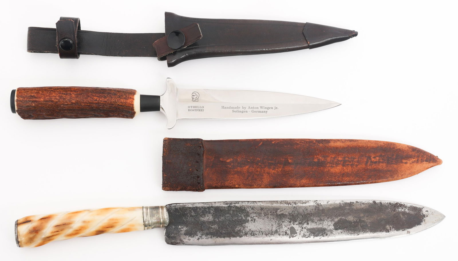 CUSTOM GERMAN DAGGER & KNIFE: CUSTOM GERMAN DAGGER & KNIFE Custom German Dagger and Knife. (1) German Dagger. Double edged, bright blade. Maker marked by Anton Wingen Jr and marked Othello Rostfrei on one side of the blade, "Mein