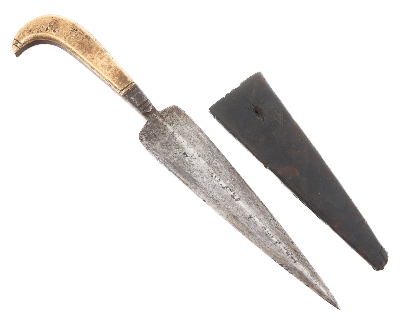 18th C. CUSTOM DAGGER WITH SHEATH: 18th C. CUSTOM DAGGER WITH SHEATH Custom Dagger. Double edged blade. Brass grips. Leather sheath. Blade Length: 7" Total Length: 11 1/2" Note: Shipping & Payment Shipping: In-house shipping is availab