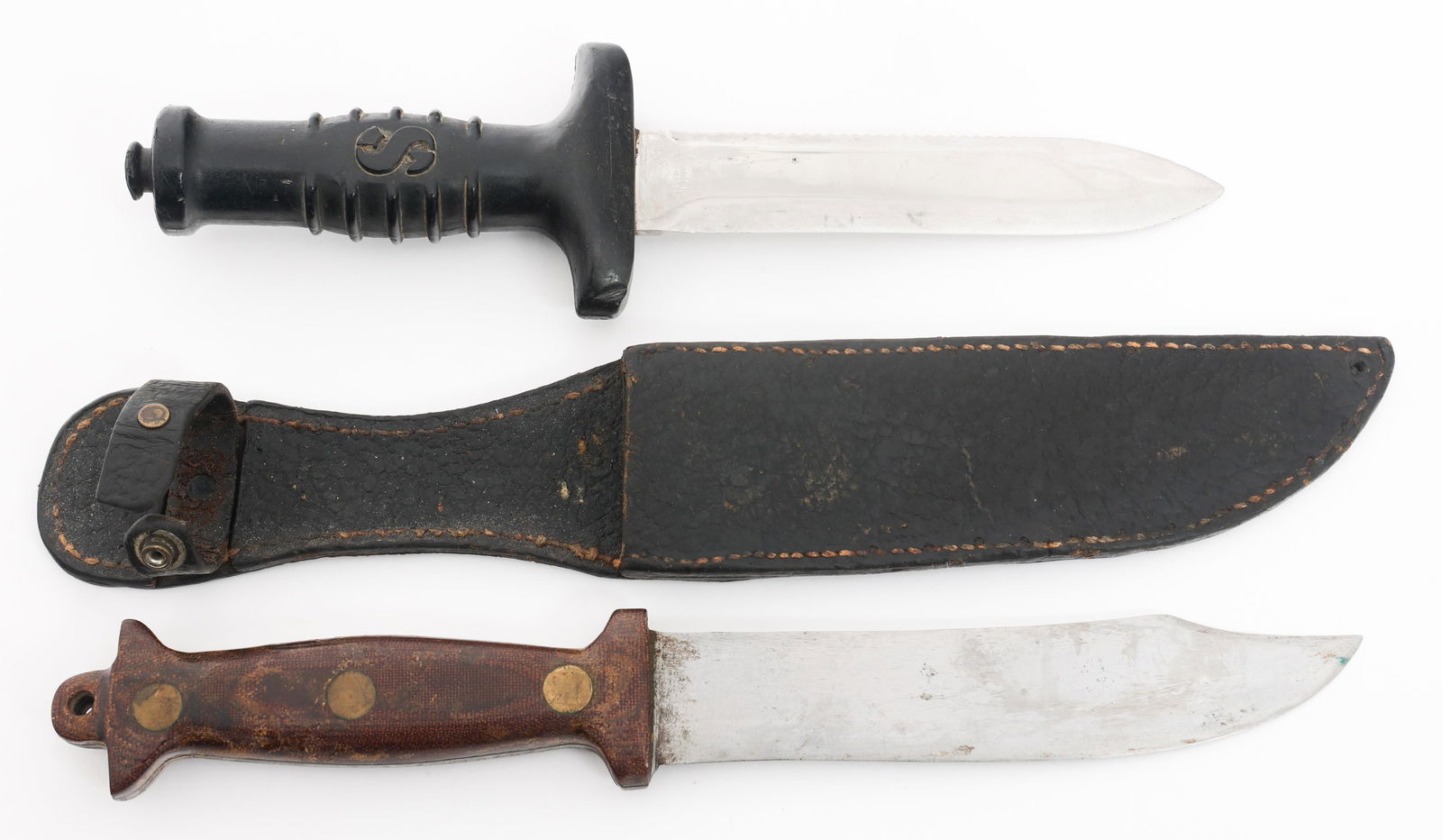 MODERN SCUBAPRO DIVE KNIFE & CIVILIAN BOWIE KNIFE: MODERN SCUBAPRO DIVE KNIFE & CIVILIAN BOWIE KNIFE Modern ScubaPro Dive Knife and Civilian Bowie Knife. (1) ScubaPro Dive Knife. Double edged, partially serrated, bright blade. Maker marked by Scuba Pr