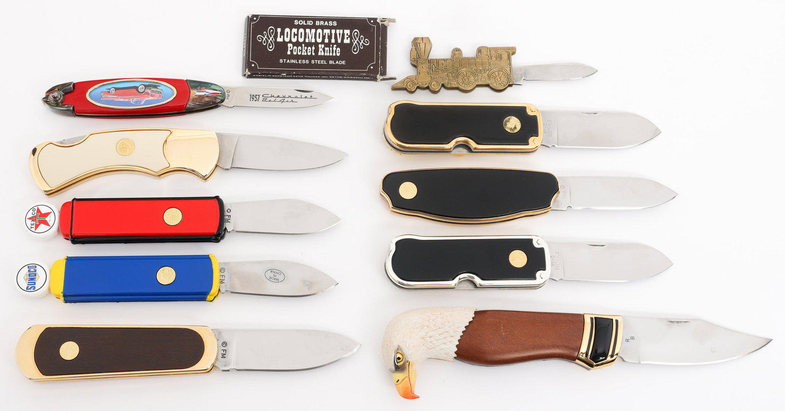 SOUVENIR FOLDING POCKET KNIVES: SOUVENIR FOLDING POCKET KNIVES Civilian Souvenir Folding Pocket Knives. Includes SUNOCO, TEXACO, Jupiter Central Pacific Railroad, Ford, Chevrolet, John Deere and more. Blade Length: 2" to 3 1/4"