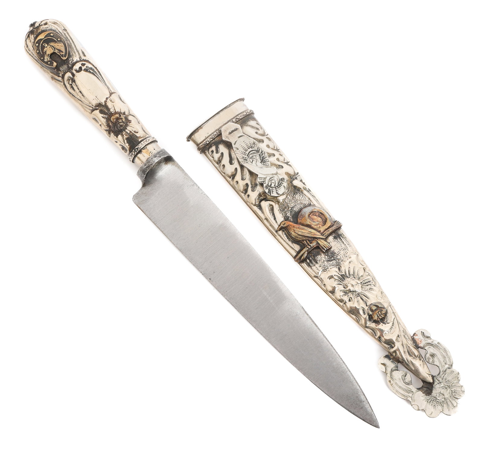ARGENTINIAN GAUCHO KNIFE by BELLVER TANDIL: ARGENTINIAN GAUCHO KNIFE by BELLVER TANDIL Argentinian Gaucho Knife. Single edged, bright blade. Maker marked by Bellver Tandil. Decorated alloy handle and scabbard. Blade Length: 6 1/2" Total