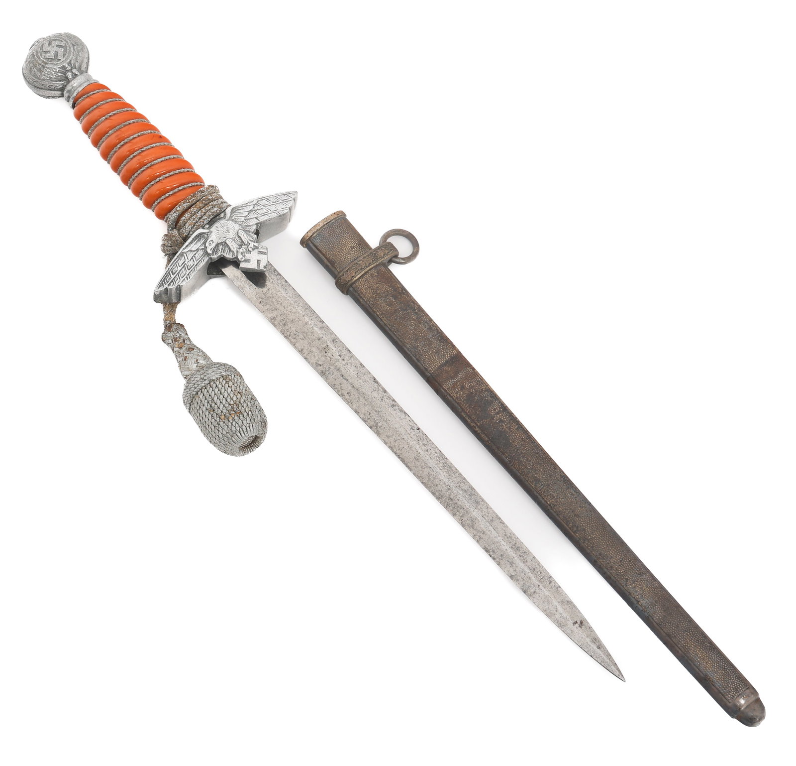 WWII GERMAN LUFTWAFFE 2nd MODEL PARTS DAGGER: WWII GERMAN LUFTWAFFE 2nd MODEL PARTS DAGGER WWII German Luftwaffe 2nd Model Parts Dagger. Period original, double edged bright blade. Maker marked by Eickhorn on the ricasso. Post war crossguard and