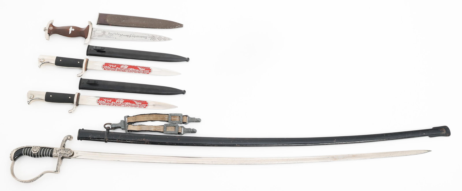RE-ENACTOR WWII GERMAN SWORD, DAGGER & BAYONETS: RE-ENACTOR WWII GERMAN SWORD, DAGGER & BAYONETS Re-enactor WWII German Sword, Dagger and Bayonets. Includes SS Lionhead Officer Sword, SA Dagger and K98 Dress Bayonets. All have scabbards. Blade Lengt