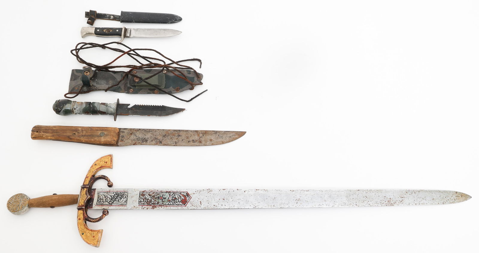 MODERN RE-ENACTOR & FANTASY SWORD & KNIVES: MODERN RE-ENACTOR & FANTASY SWORD & KNIVES Modern Re-enactor and Fantasy Sword and Knives. (1) Fantasy Broad Sword. (1) Re-enactor Hitler Youth Knife. Scabbard. (1) Modern Outdoor Knife. Marked Taiwan