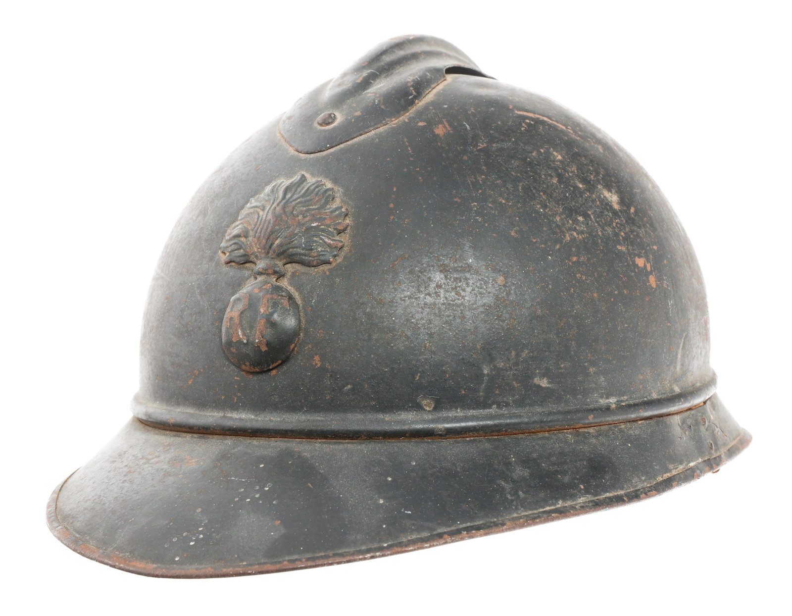 WWI FRENCH INFANTRY M15 ADRIAN HELMET: WWI FRENCH INFANTRY M15 ADRIAN HELMET WWI French Infantry M15 Adrian Helmet. Painted outer shell. French infantry insignia on the front. Leather liner with chinstrap. No visible maker marks.