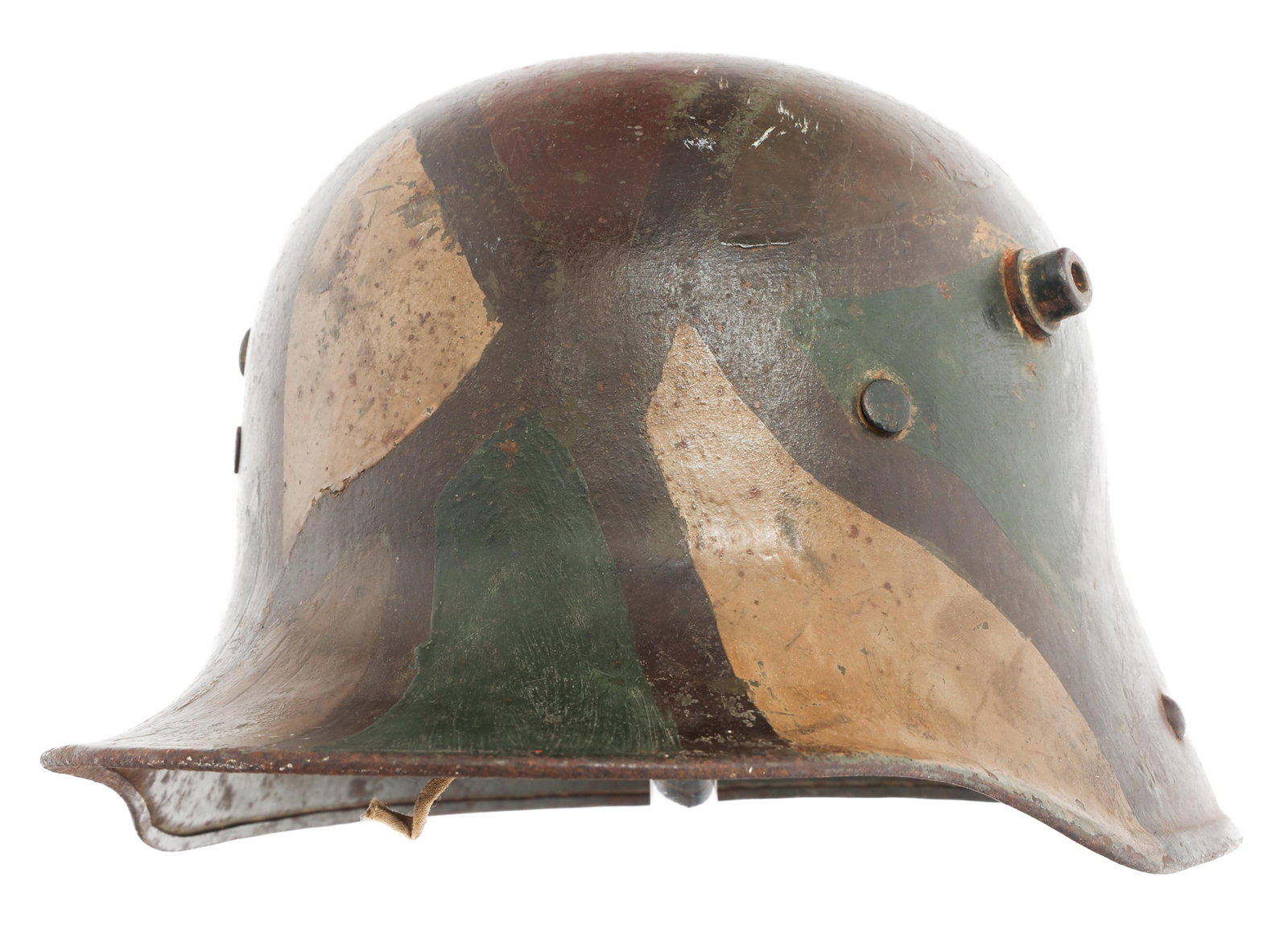 WWI IMPERIAL GERMAN M16 CAMOUFLAGE COMBAT HELMET: WWI IMPERIAL GERMAN M16 CAMOUFLAGE COMBAT HELMET WWI Imperial German m16 Camouflage Combat Helmet. Hand painted camouflage outer shell. Maker marked by GBN64. Leather band. No liner or chinstrap. "Har