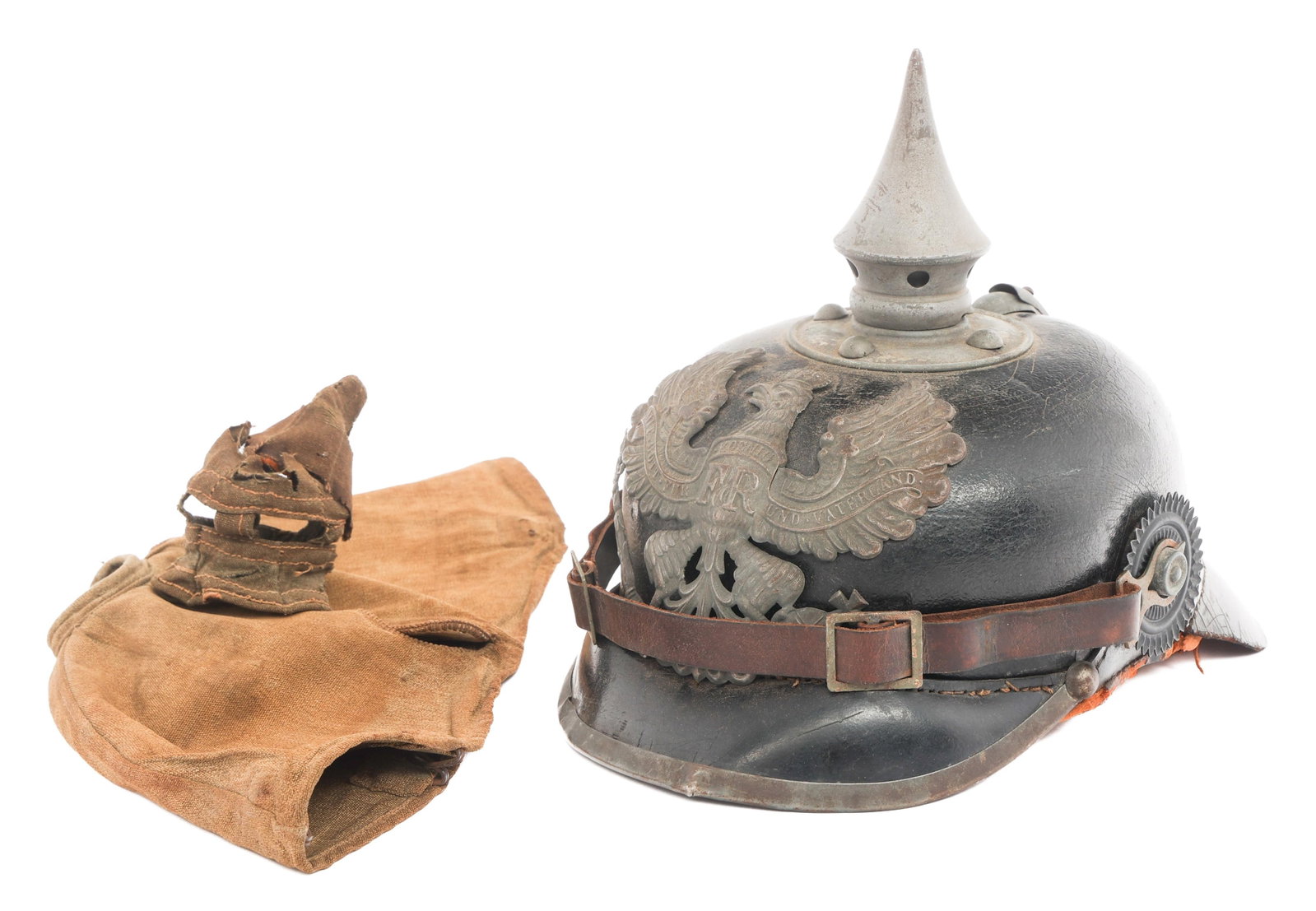 WWI IMPERIAL PRUSSIAN EM/NCO M1915 PICKELHAUBE: WWI IMPERIAL PRUSSIAN EM/NCO M1915 PICKELHAUBE WWI Imperial Prussian EM/NCO M1915 Pickelhaube Helmet with Cover. Black leather hard shell with steel trim, rear spine, removable spike, and Prussian fro