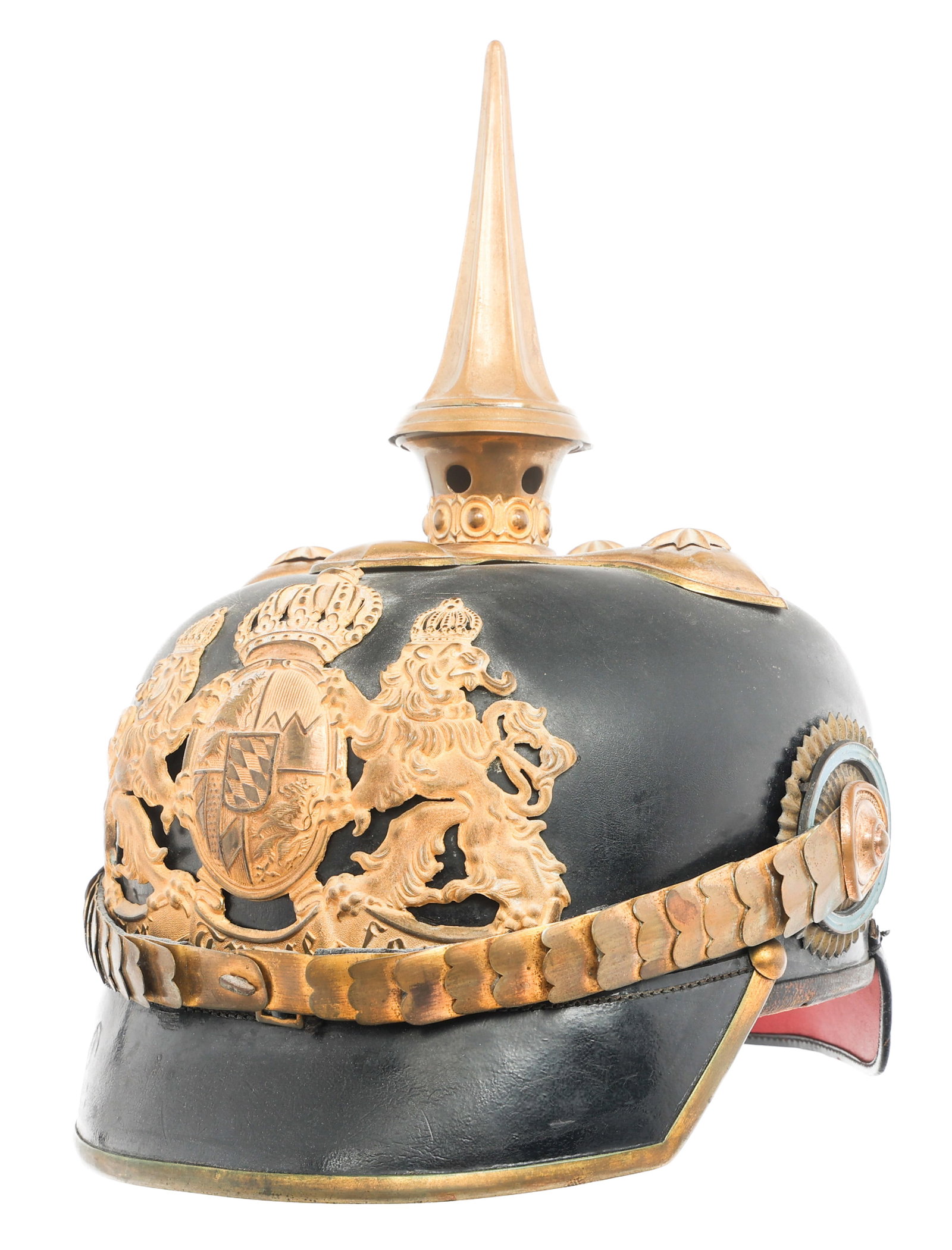 WWI GERMAN BAVARIAN OFF. VULCAN FIBER PICKELHAUBE: WWI GERMAN BAVARIAN OFF. VULCAN FIBER PICKELHAUBE WWI Imperial German Bavarian Officer Pickelhaube. Black Vulcan Fiber hardshell. Brass removable fluted spike, cruciform base, trim and rear spine. Bra