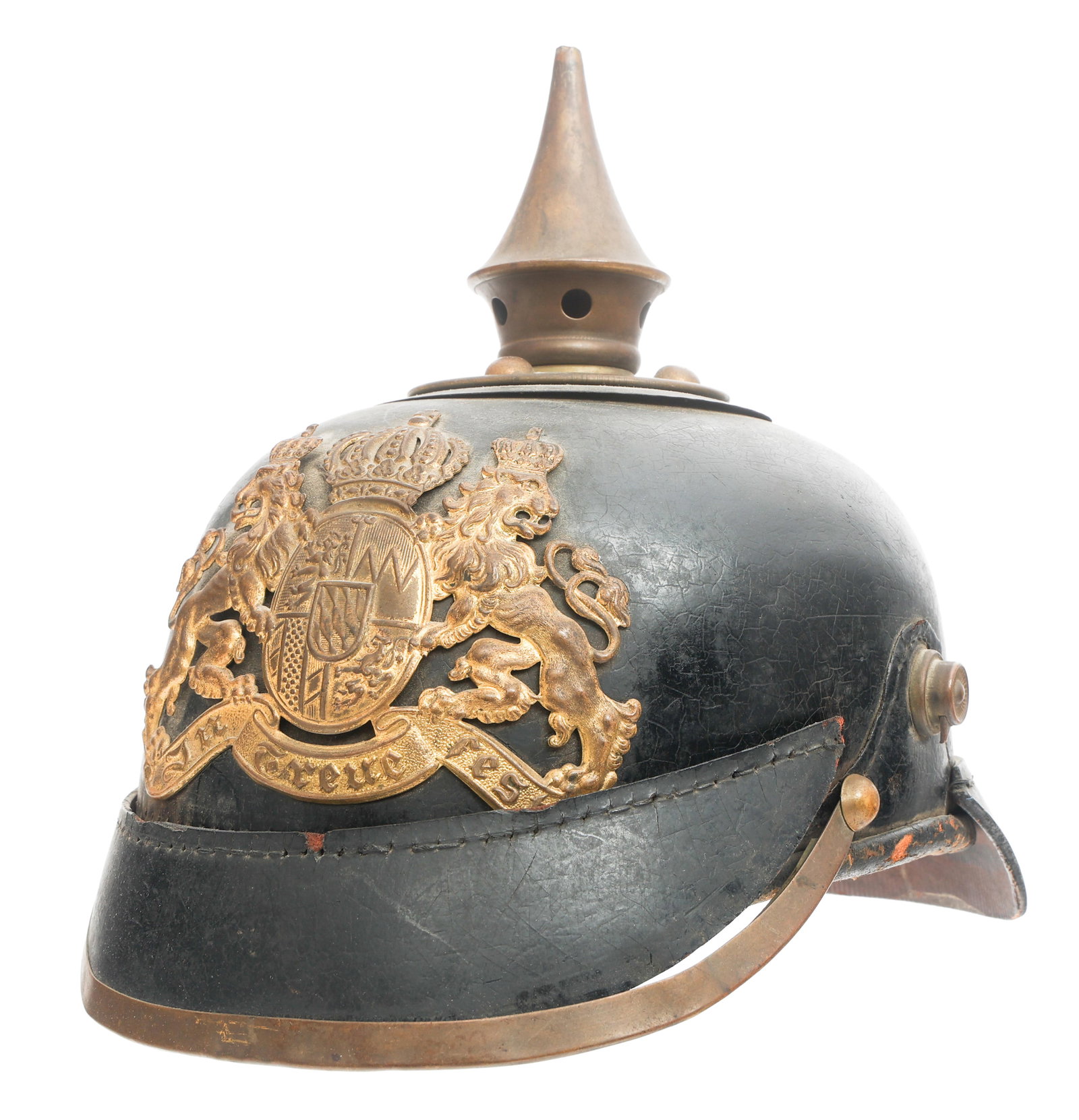 IMPERIAL GERMAN BAVARIAN M1895 EM/NCO PICKELHAUBE: IMPERIAL GERMAN BAVARIAN M1895 EM/NCO PICKELHAUBE Imperial German Bavarian M1895 Enlisted/NCO Pickelhaube Helmet. Black leather hard shell with brass spike, trim, and rear spine. Bavarian front plate.