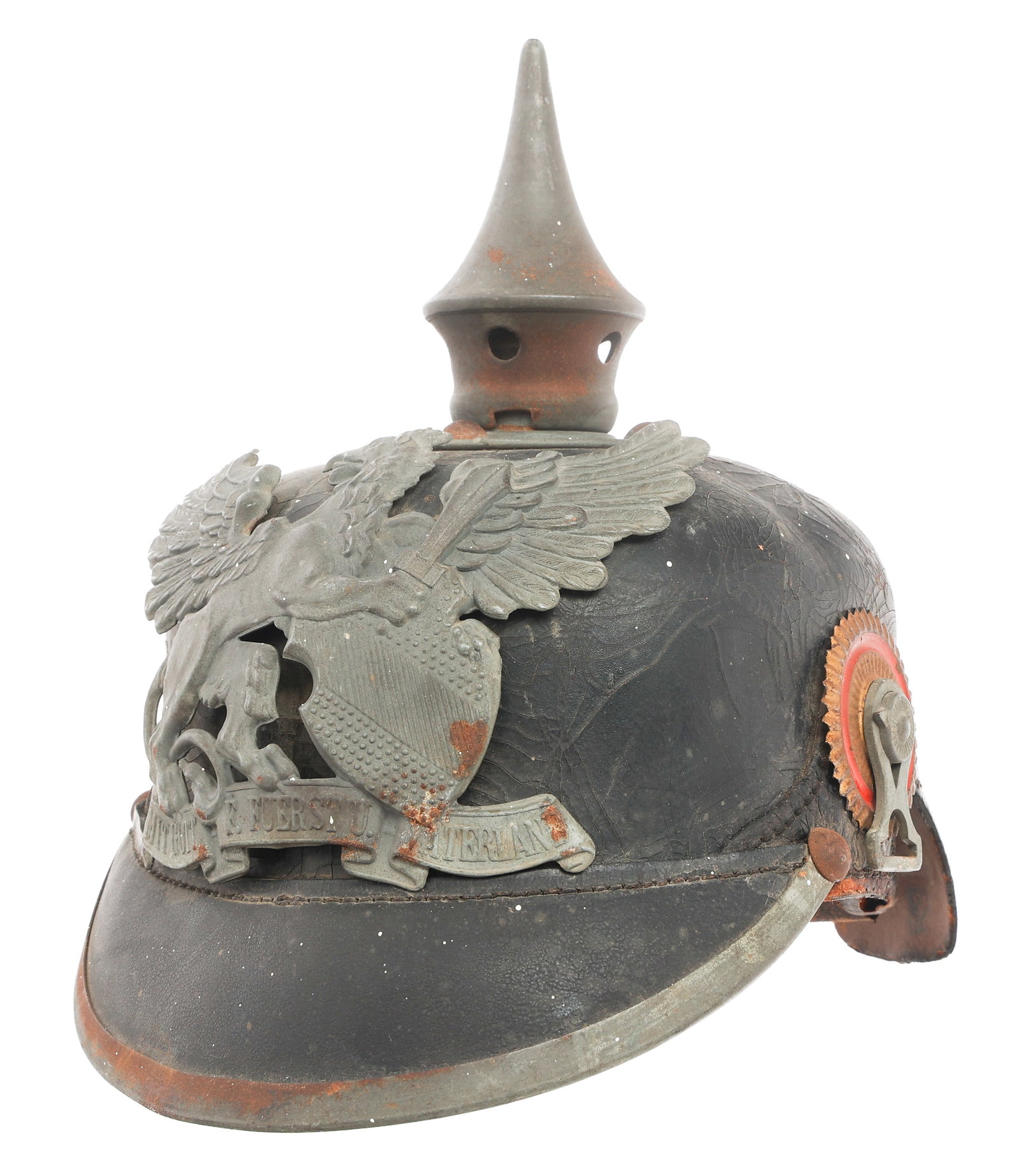 WWI IMPERIAL GERMAN BADEN M1915 PICKELHAUBE: WWI IMPERIAL GERMAN BADEN M1915 PICKELHAUBE WWI Imperial German Baden Enlisted M1915 Pickelhaube. Black leather with steel trim and spike. Baden front plate, Baden and Reich cockades, and Regimental m