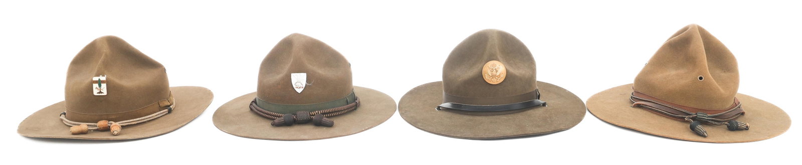 WWI - WWII US ARMY OFFICER EM / NCO CAMPAIGN HATS: WWI - WWII US ARMY OFFICER EM / NCO CAMPAIGN HATS WWI - WWII US Army Officer & Enlisted Man / NCO Campaign Hats. (1) WWII Army Enlisted Man / NCO infantry campaign hat with Infantry blue cord and 21st