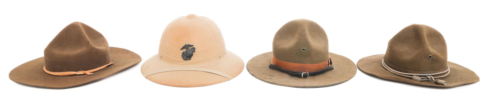 WWI - WWII USMC & ARMY CAMPAIGN HATS & PITH HELMET: WWI - WWII USMC & ARMY CAMPAIGN HATS & PITH HELMET WWI - WWII USMC and Army Campaign Hats and Pith Helmet. (3) Campaign Hats. Pressed felt with leather sweatbands. One maker marked by The Boy Scout As