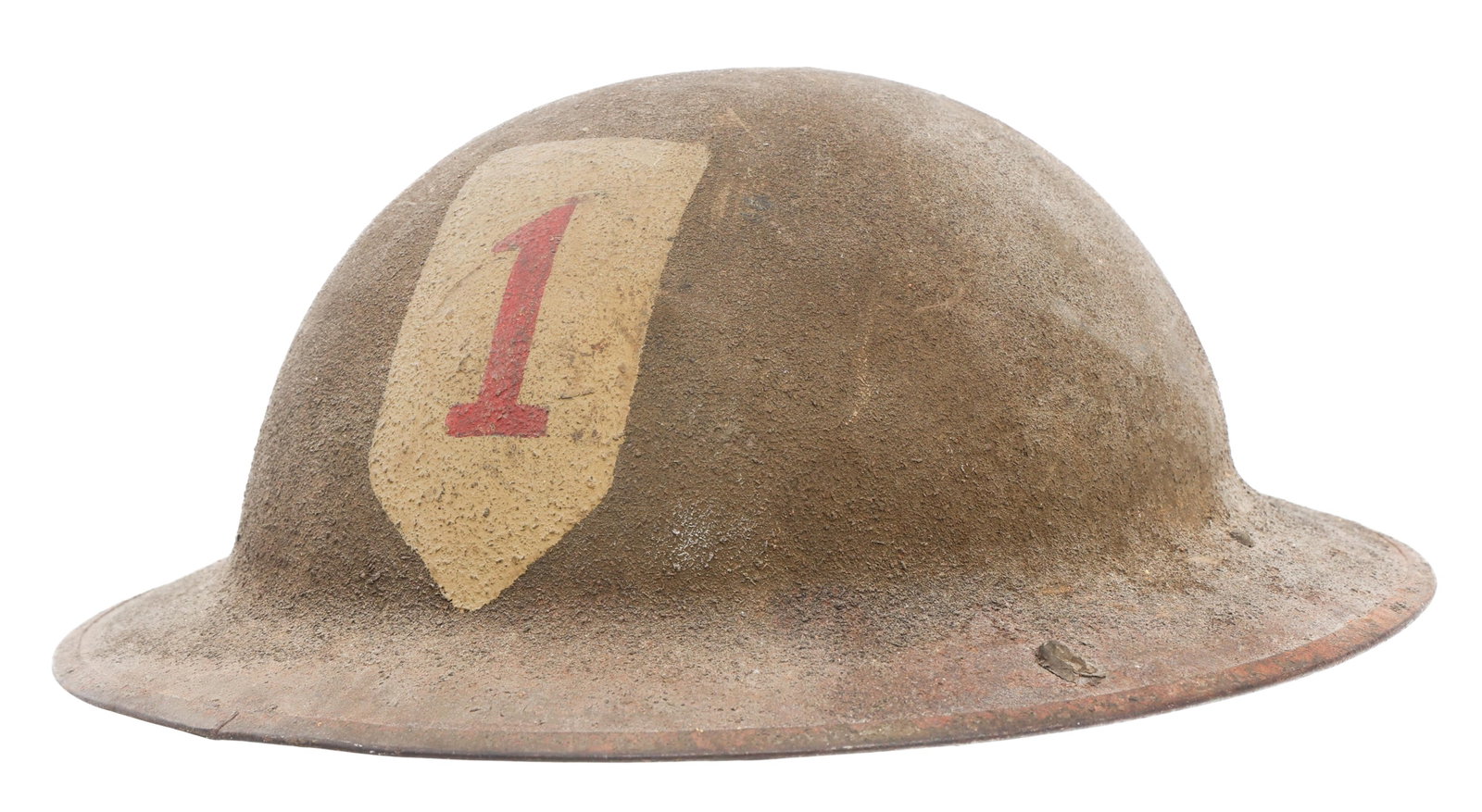 WWI US AEF 1st INFANTRY DIV. M1917 COMBAT HELMET: WWI US AEF 1st INFANTRY DIV. M1917 COMBAT HELMET WWI US Army AEF 1st Infantry Division M1917 Doughboy Combat Helmet. Frontal, hand-painted 1st Infantry Division insignia. Lot number ZC 34 stamped on u