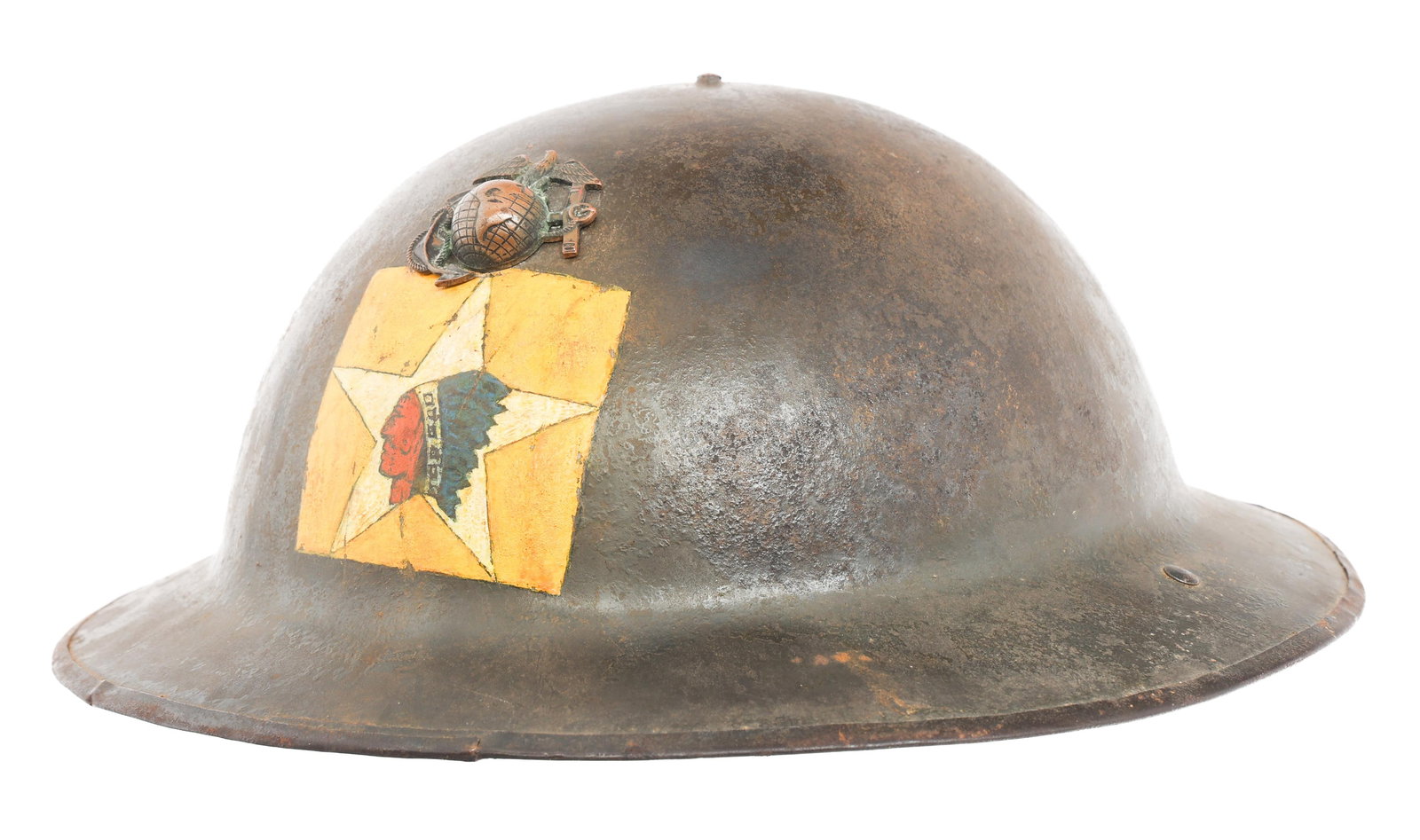 WWI USMC 2nd DIV 5th MARINE REGT M1917 HELMET: WWI USMC 2nd DIV 5th MARINE REGT M1917 HELMET WWI US Marine Corps 2nd Division, 2nd Battalion, 5th Marine Regiment M1917 Combat Helmet. Hand-painted, frontal unit insignia. Faint lot number stamped on