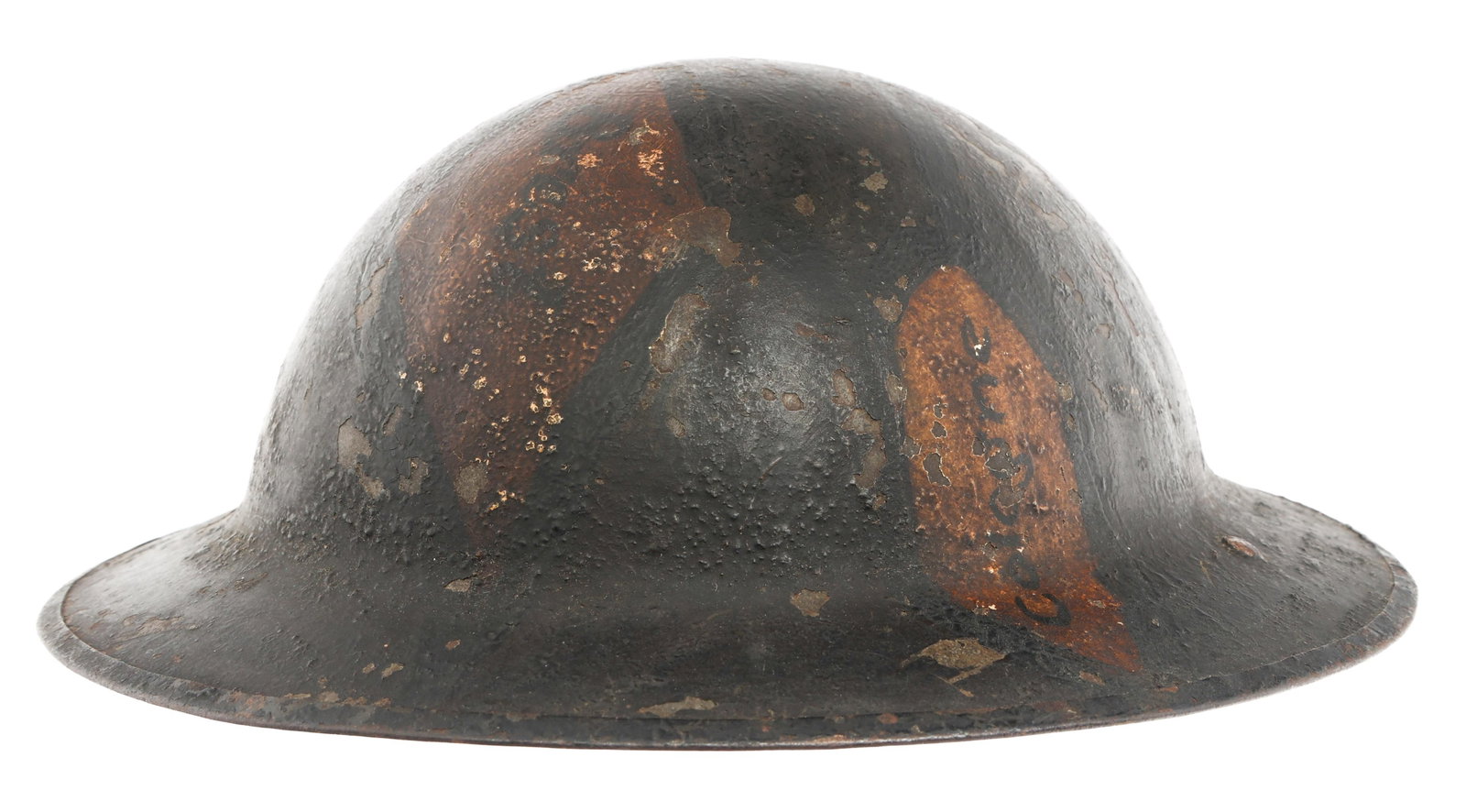 WWI US AEF IV CORPS CAMOUFLAGE MKI HELMET: WWI US AEF IV CORPS CAMOUFLAGE MKI HELMET WWI US AEF IV Corps Camouflage MkI Combat Helmet. Hand painted camouflage with Verdun, Cologne, Toul, Brest, and more battle locations. Frontal painted IV Cor