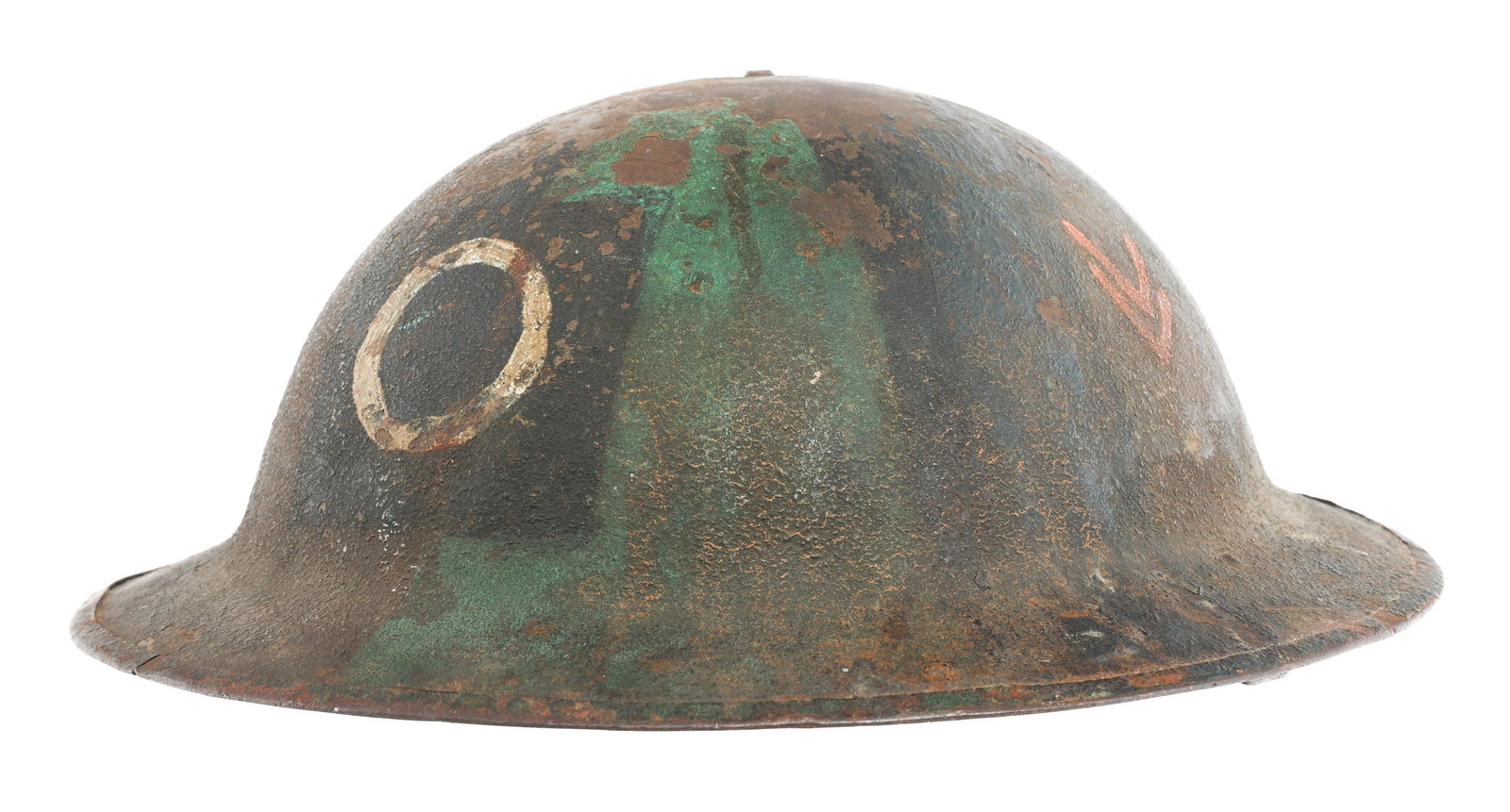 WWI US AEF I CORPS M1917 CAMO COMBAT HELMET: WWI US AEF I CORPS M1917 CAMO COMBAT HELMET WWI US AEF I Corps Camouflage Combat Helmet. Hand painted camouflage outer shell. Overseas stripes, Frontal I Corps and Unit insignia. No liner or chinstrap