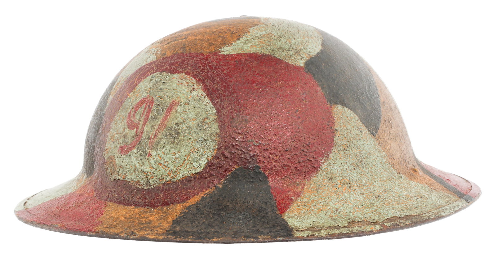 WWI US AEF 91st DIVISION CAMO M1917 COMBAT HELMET: WWI US AEF 91st DIVISION CAMO M1917 COMBAT HELMET WWI US AEF 91st Division Camouflage M1917 Combat Helmet. Hand painted camouflage outer shell with frontal 91st Division insignia. No liner or chinstra