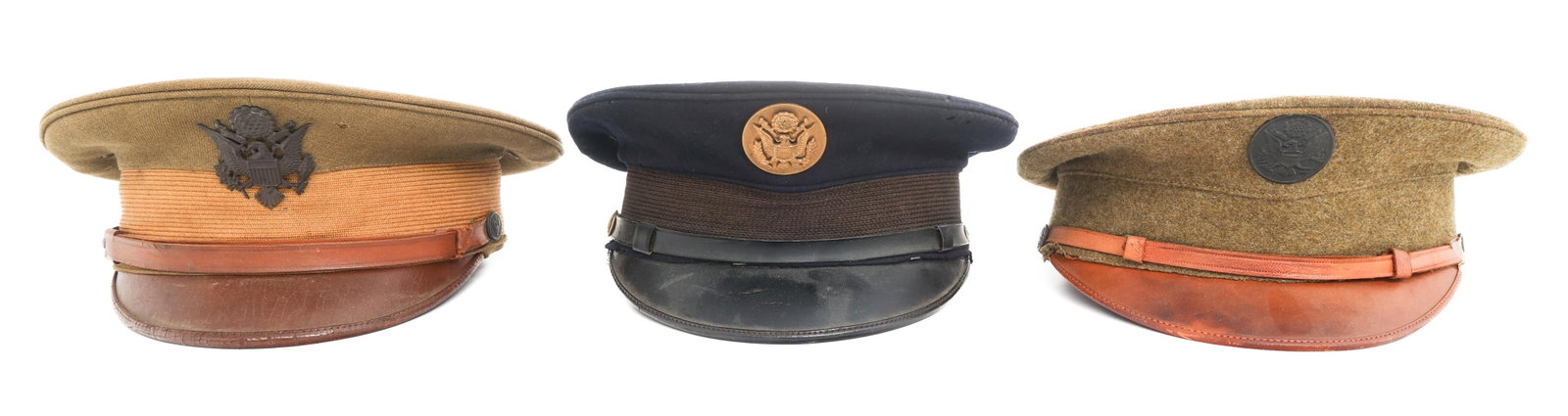 WWI M1912 US ARMY OFFICER & ENLISTED MAN VISOR CAP: WWI M1912 US ARMY OFFICER & ENLISTED MAN VISOR CAP WWI US Army Officer and Enlisted Man / NCO Visor Cap. (1) M1912 Officer service visor. OD wool with brown leather visor, chinstrap and sweatband. Bla