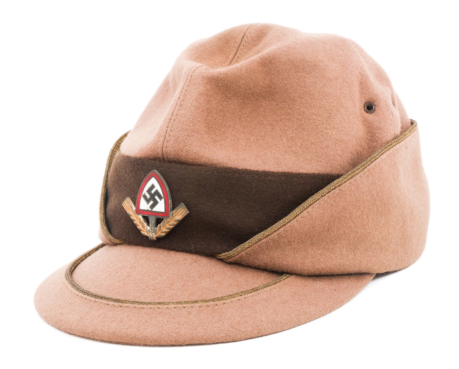 WWII GERMAN RAD LEADER "ROBIN HOOD" HAT: WWII GERMAN RAD LEADER "ROBIN HOOD" HAT WWII German RAD Officer "Robin Hood" Hat. Light brown, wool construction with gold bullion piping and dark brown band. Enamel and gilded alloy cap badge. Leathe